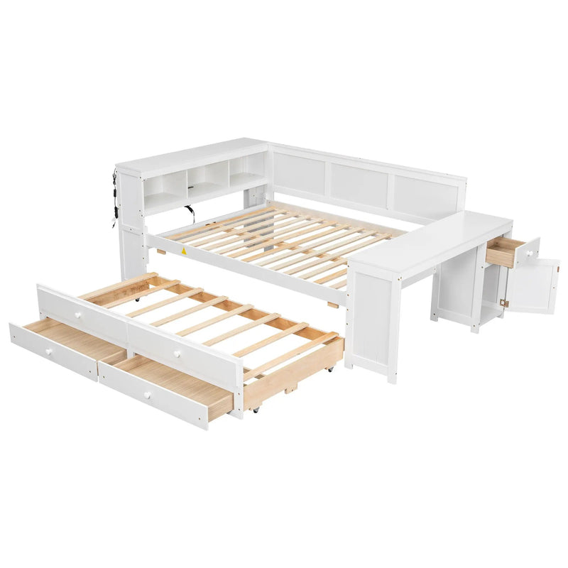 Daybed With Storage Shelves, Drawers, Trundle, Charging Station, LED Light, Desk And Cabinet by HouseOfZazla