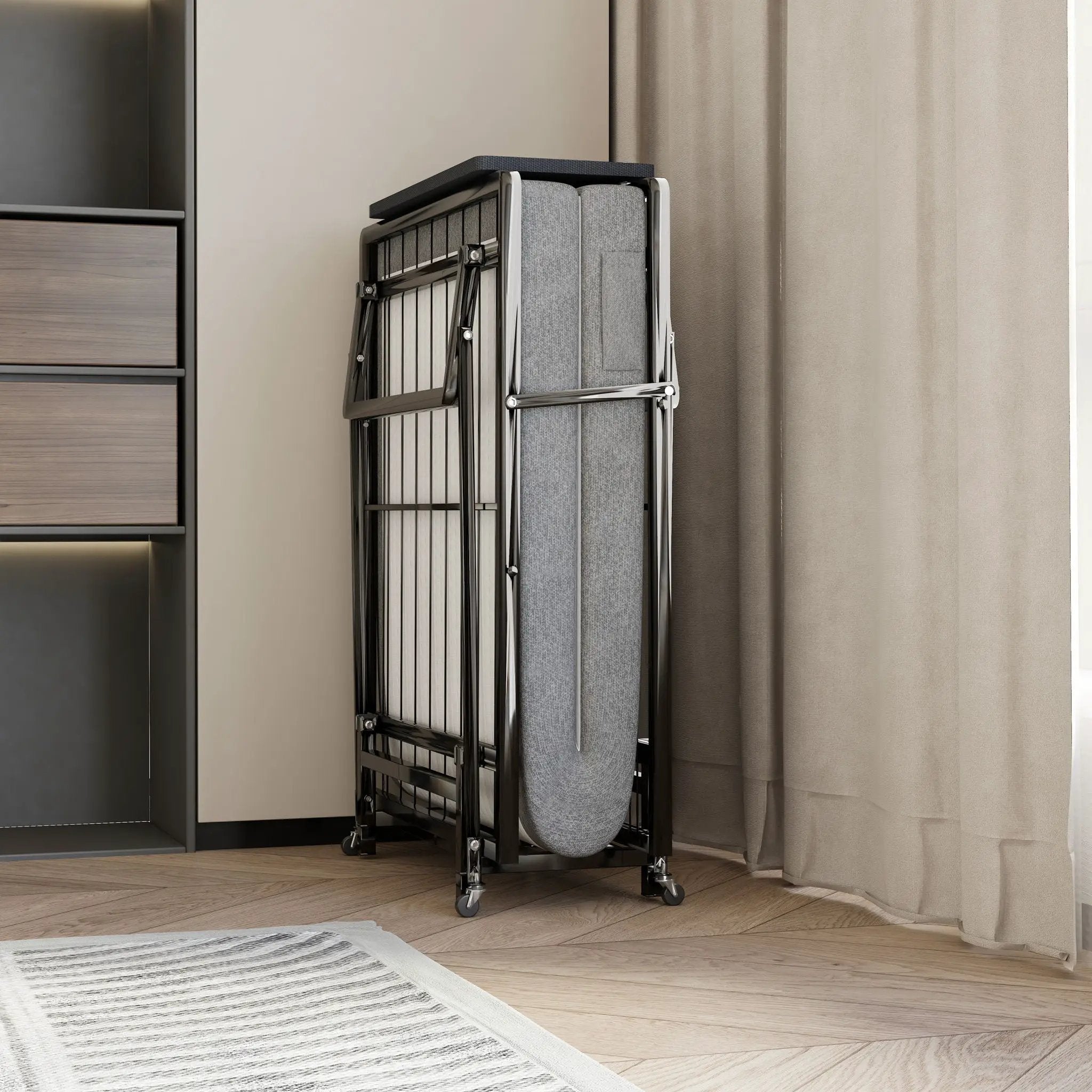 Modern Metal Folding Bed Frame With Foam Mattress, Easy Storage & Mobility - Black by HouseOfZazla