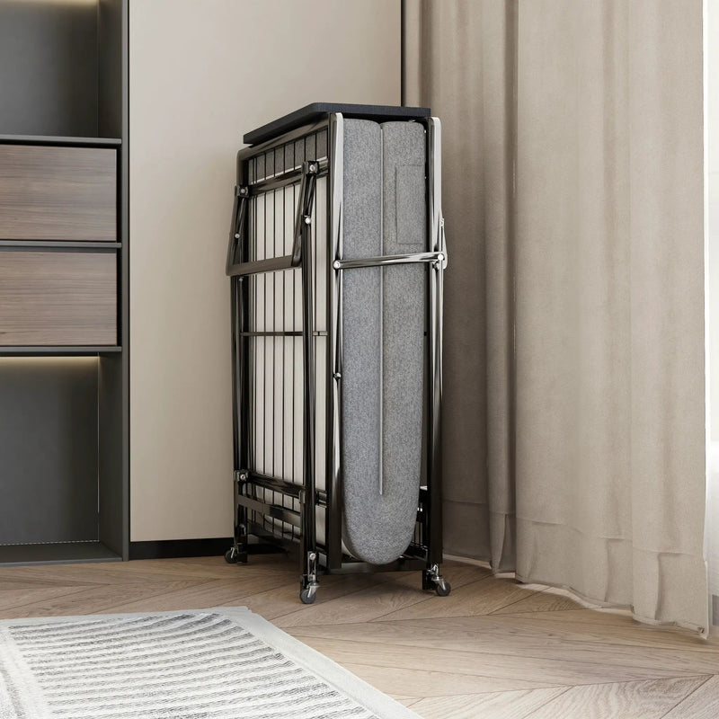 Modern Metal Folding Bed Frame With Foam Mattress, Easy Storage & Mobility - Black by HouseOfZazla