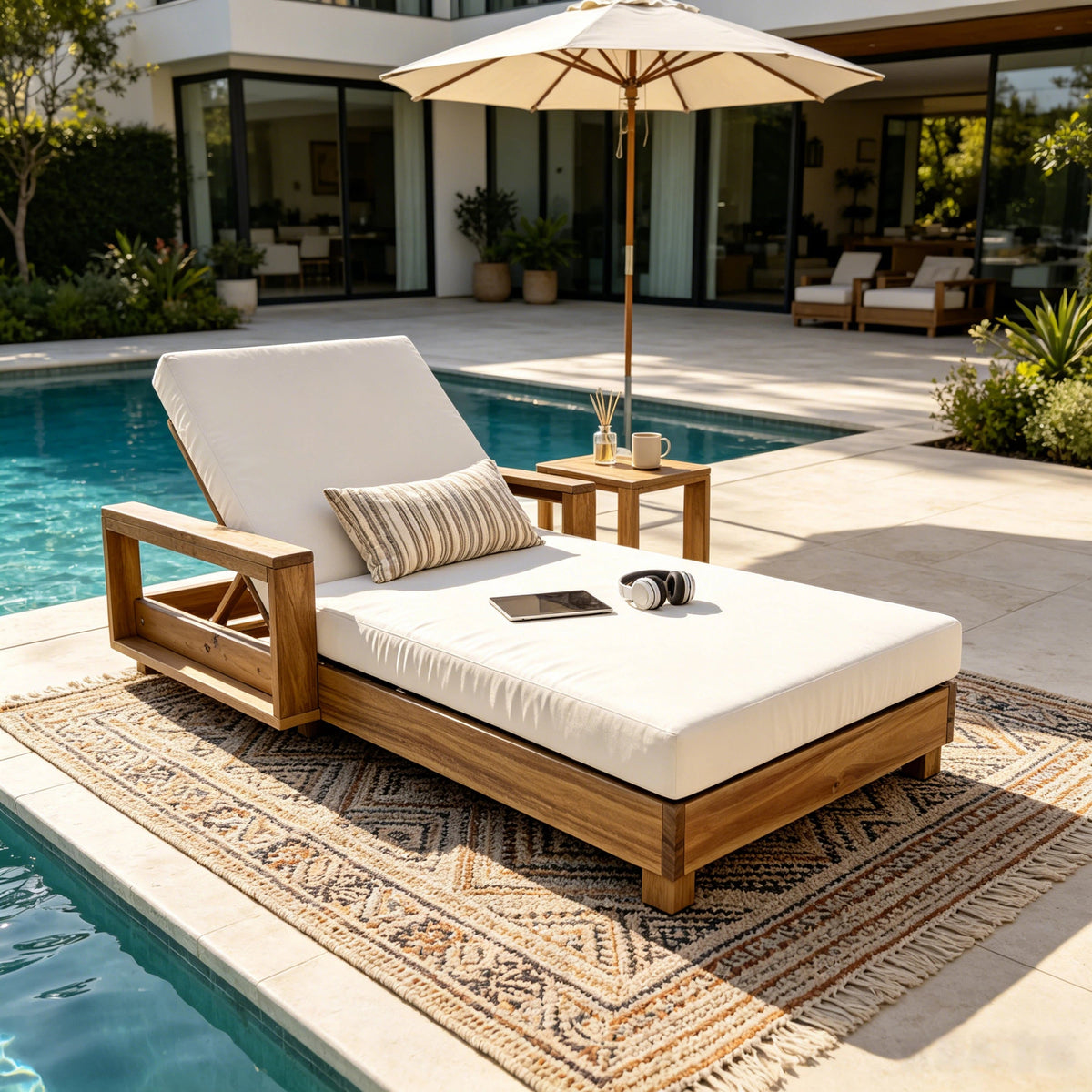 Acacia Wood Patio Chaise Lounge with Adjustable Backrest - Cream Cushion, photo 4 of 10
