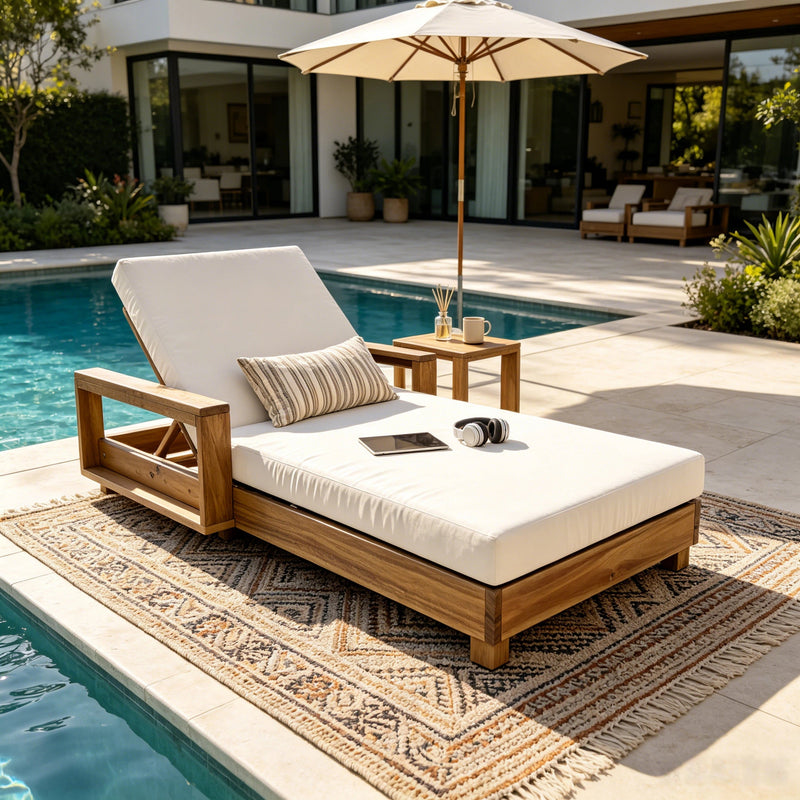 Acacia Wood Patio Chaise Lounge with Adjustable Backrest - Cream Cushion, photo 4 of 10
