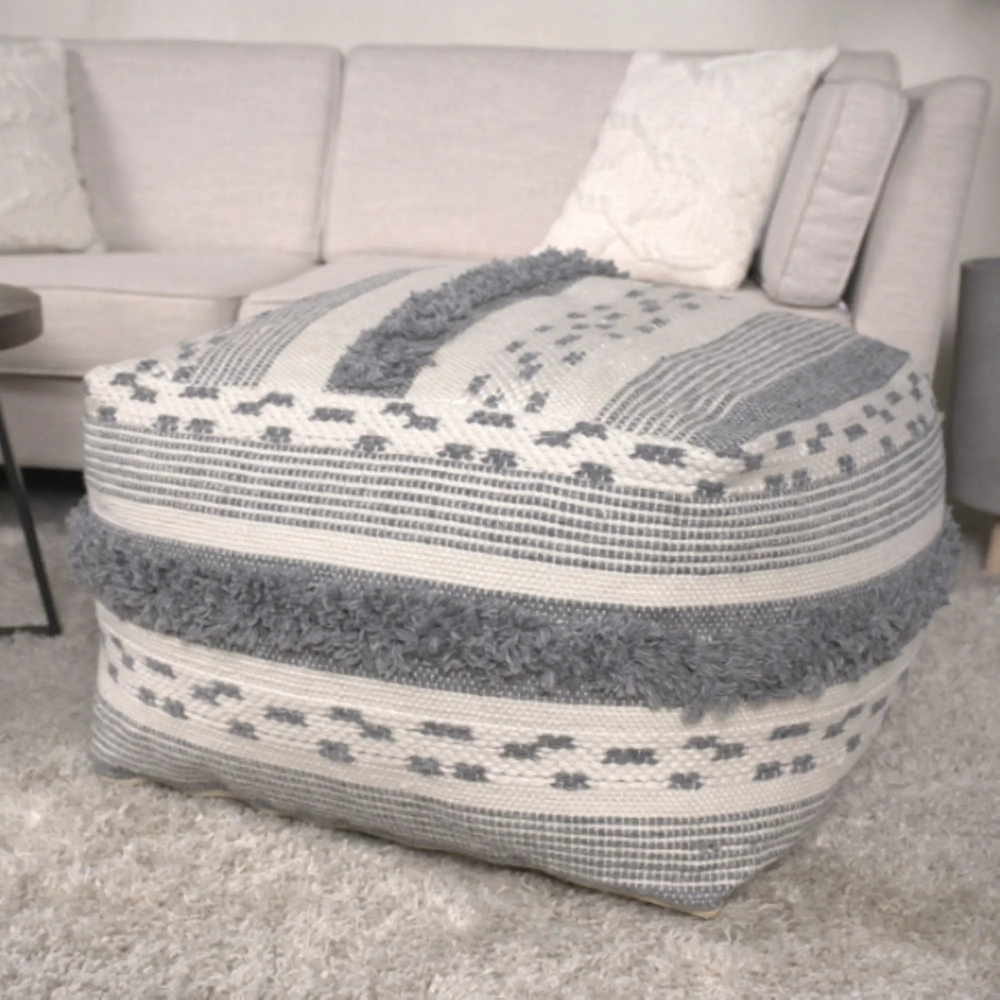 Karim - Faux Yarn Large Pouf, Durable - Ivory / Gray by HouseOfZazla