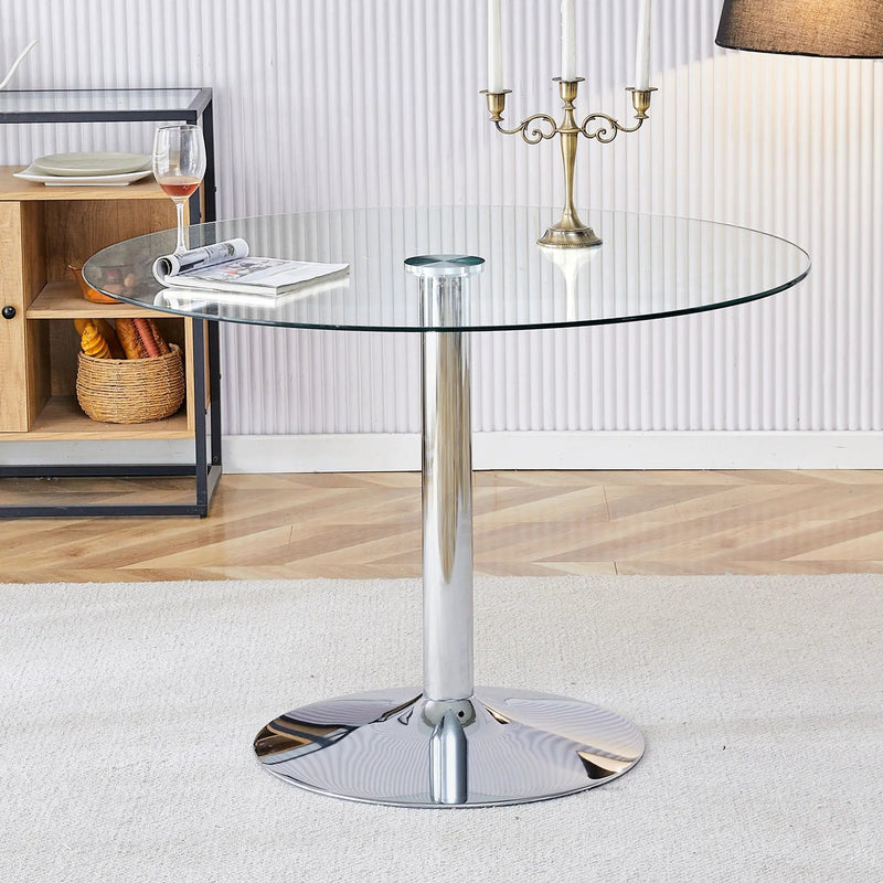 Modern Minimalist Circular Dining Table With Glass Top And Electroplated Metal Legs For Restaurants And Living Rooms - Silver / Transparent by HouseOfZazla
