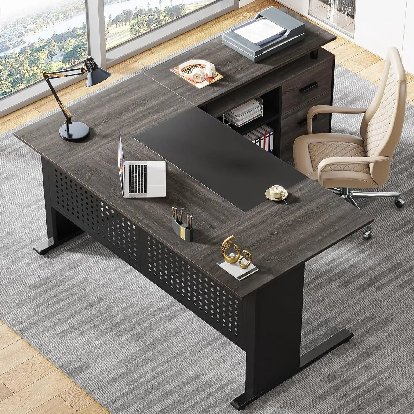L-Shaped Executive Desk With File Cabinet, Office Workstation With Drawers, Shelves & Storage by HouseOfZazla