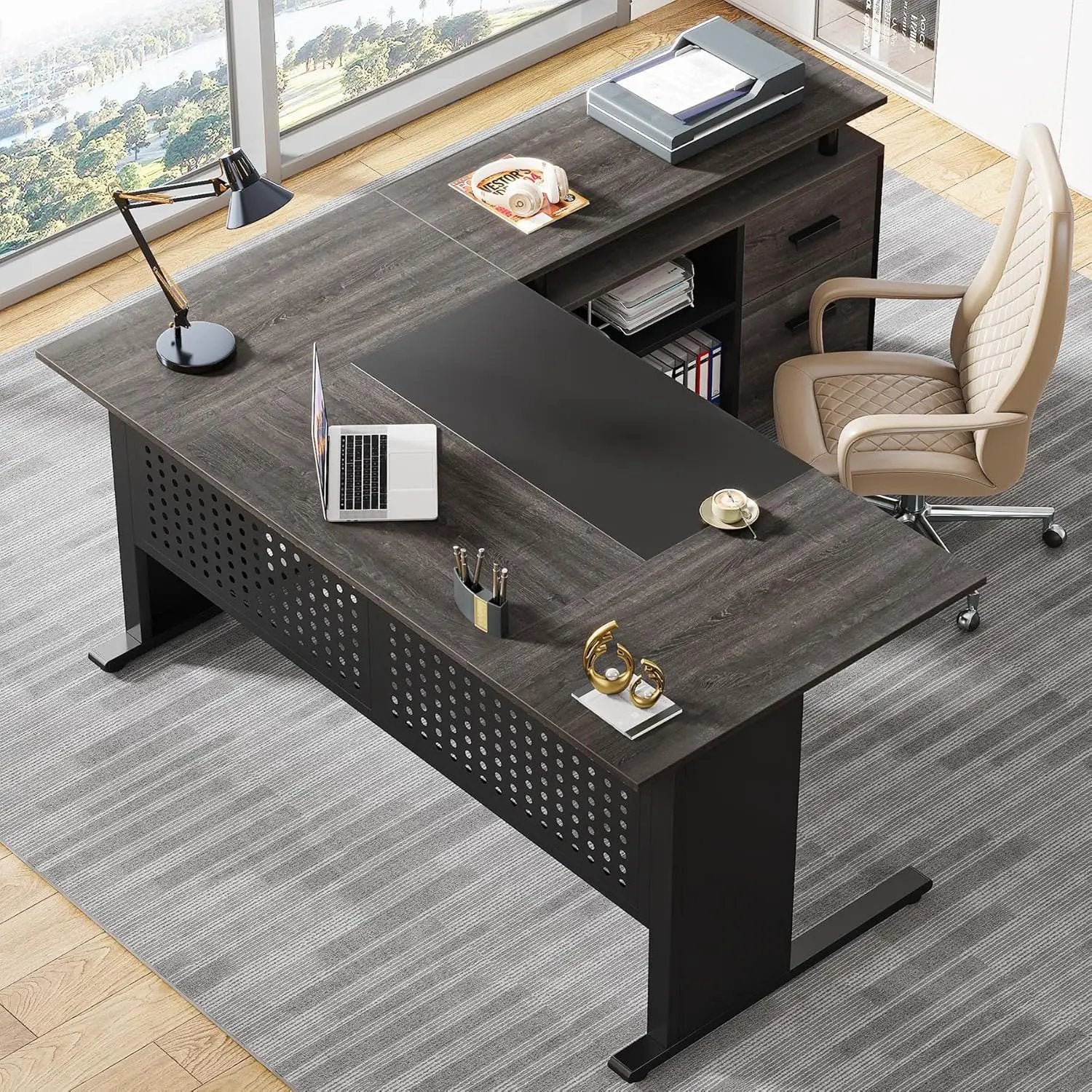 L-Shaped Executive Desk With File Cabinet, Office Workstation With Drawers, Shelves & Storage by HouseOfZazla