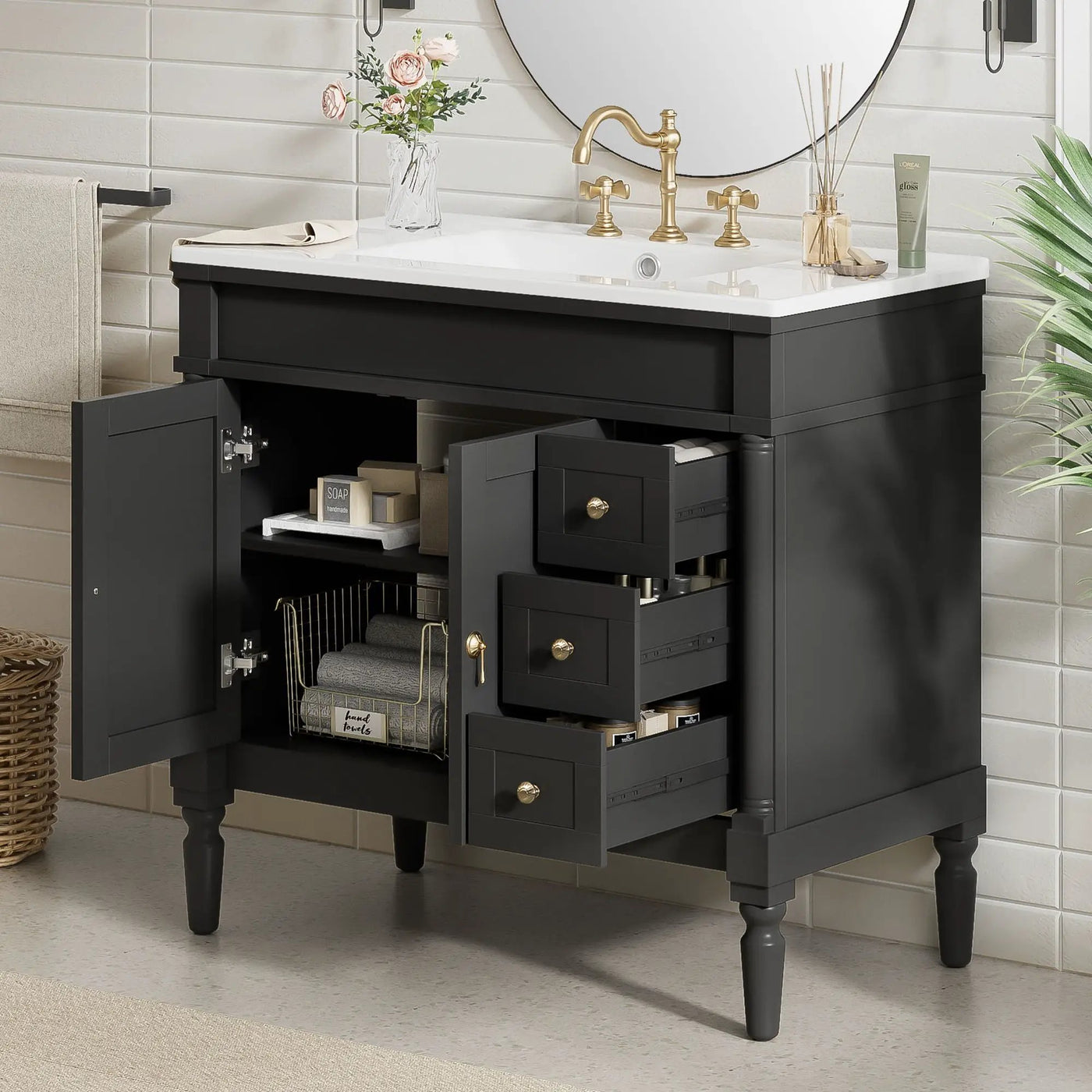 Bathroom Vanity With Ceramic Sink, 2 Doors 3 Drawers, Soft Close Design by Unique Piece Furniture