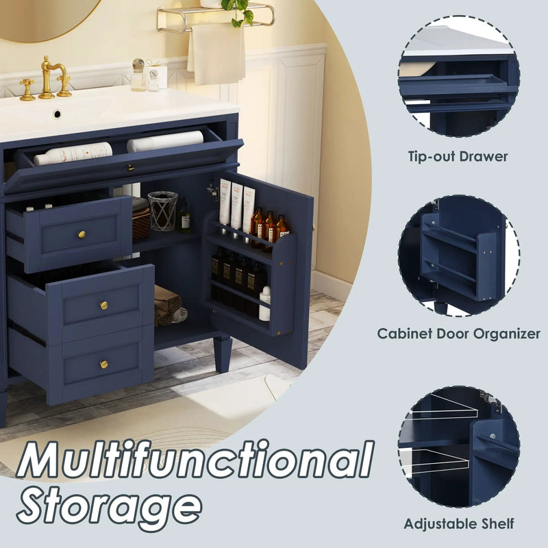 Bathroom Vanity With Top Sink, Modern Bathroom Storage Cabinet, 2 Drawers And A Tip-Out Drawer, Single Sink Bathroom Vanity - Blue by HouseOfZazla