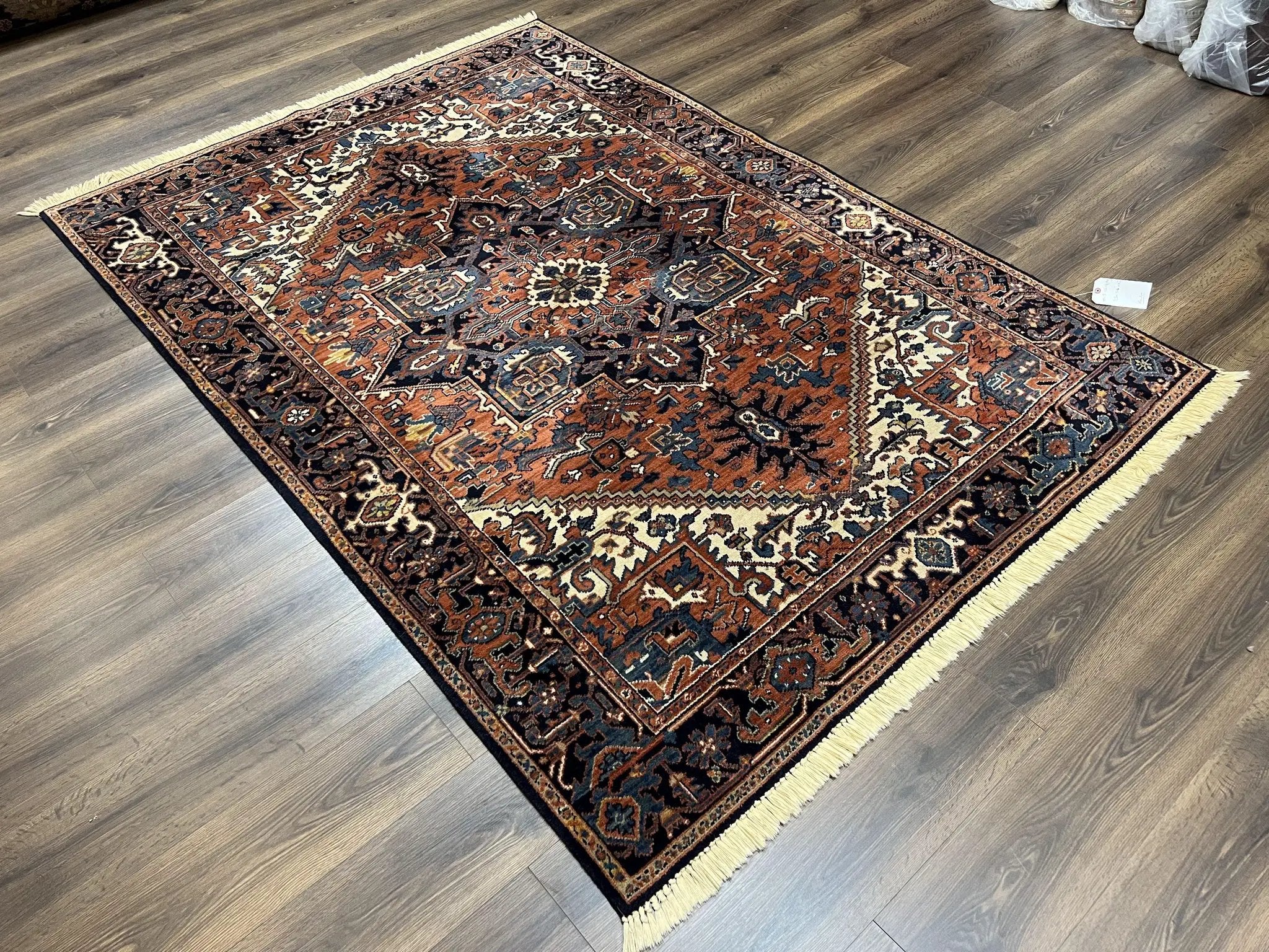 Heriz Rug 5.6 x 8, Geometric Medallion, Wool Oriental Carpet, Tribal Boho Rug, Red Navy Blue Cream, Belgium Power Loomed Rug, Medium Sized by Jewel Rugs