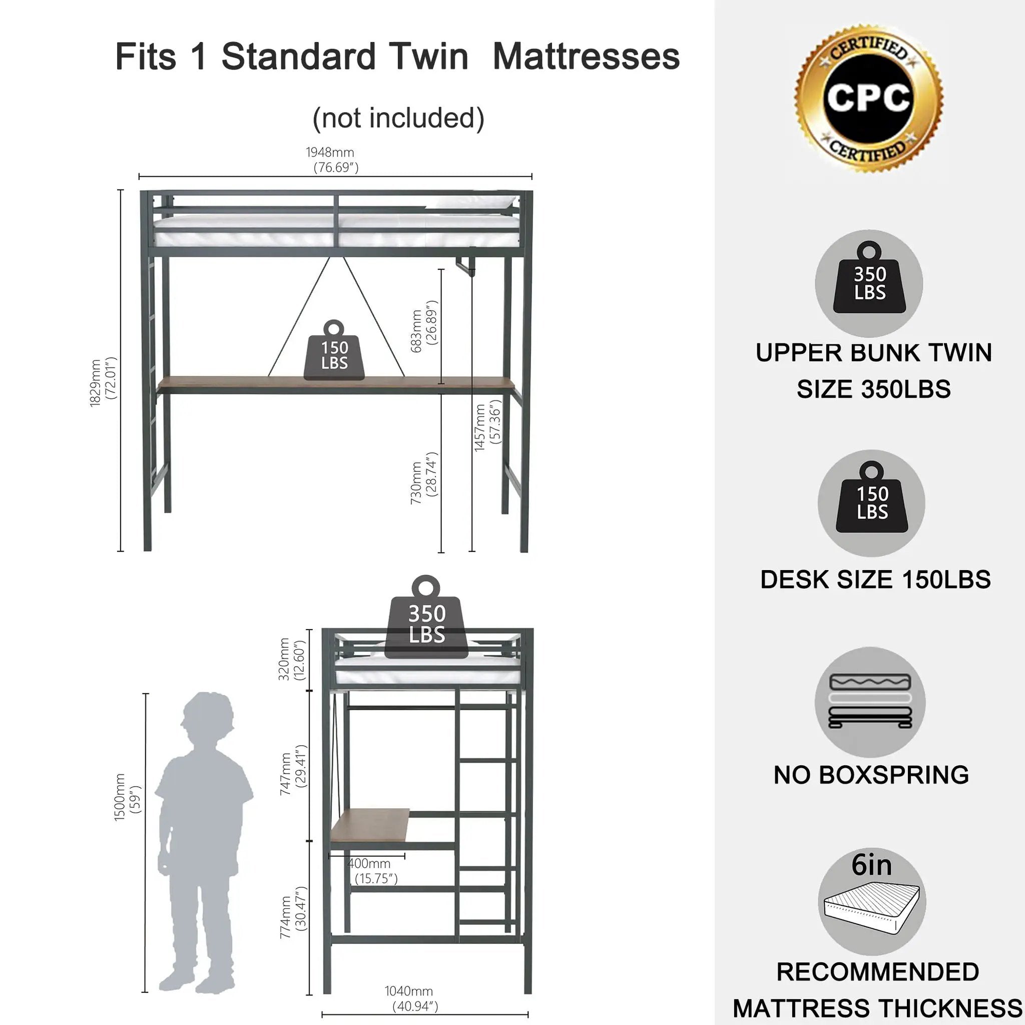 Adam - Twin Loft Bunk Bed With Cinnamon Wood Desk And Closet Rod - Black by Unique Piece Furniture