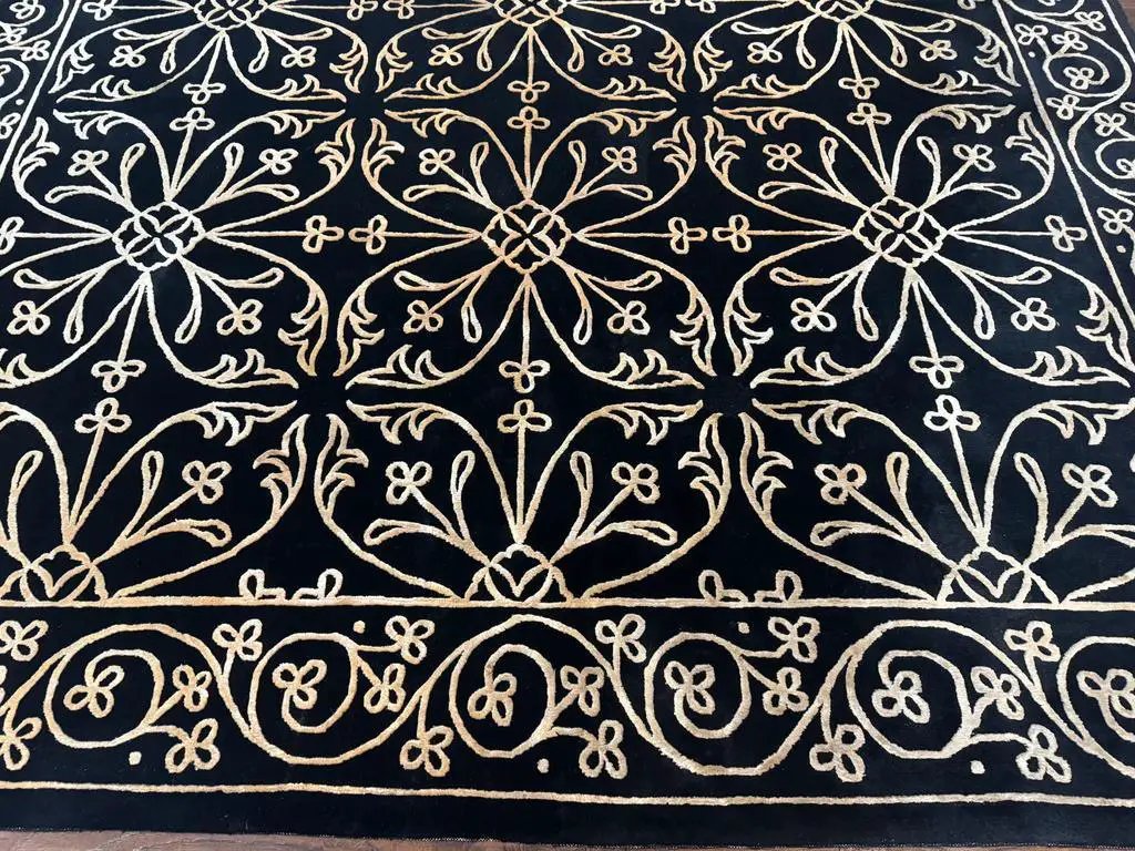 Tibetan Rug 8x10, Wool and Silk, Raised Pattern, Black and Gold, Floral by Jewel Rugs