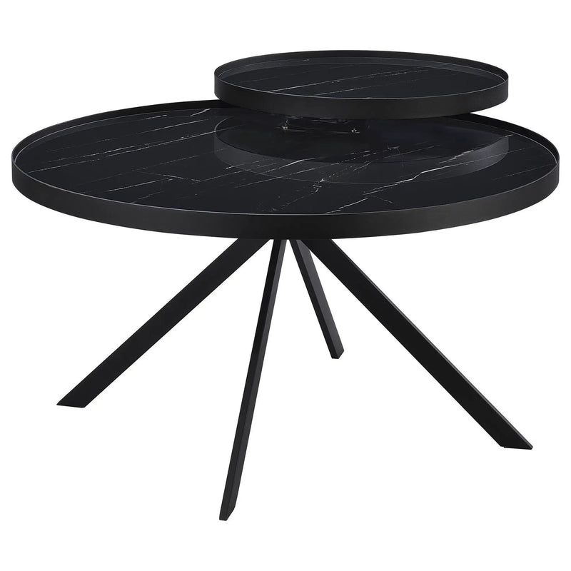 Briggs Round Marble Printed Glass Top Coffee Table Black by Unique Piece Furniture