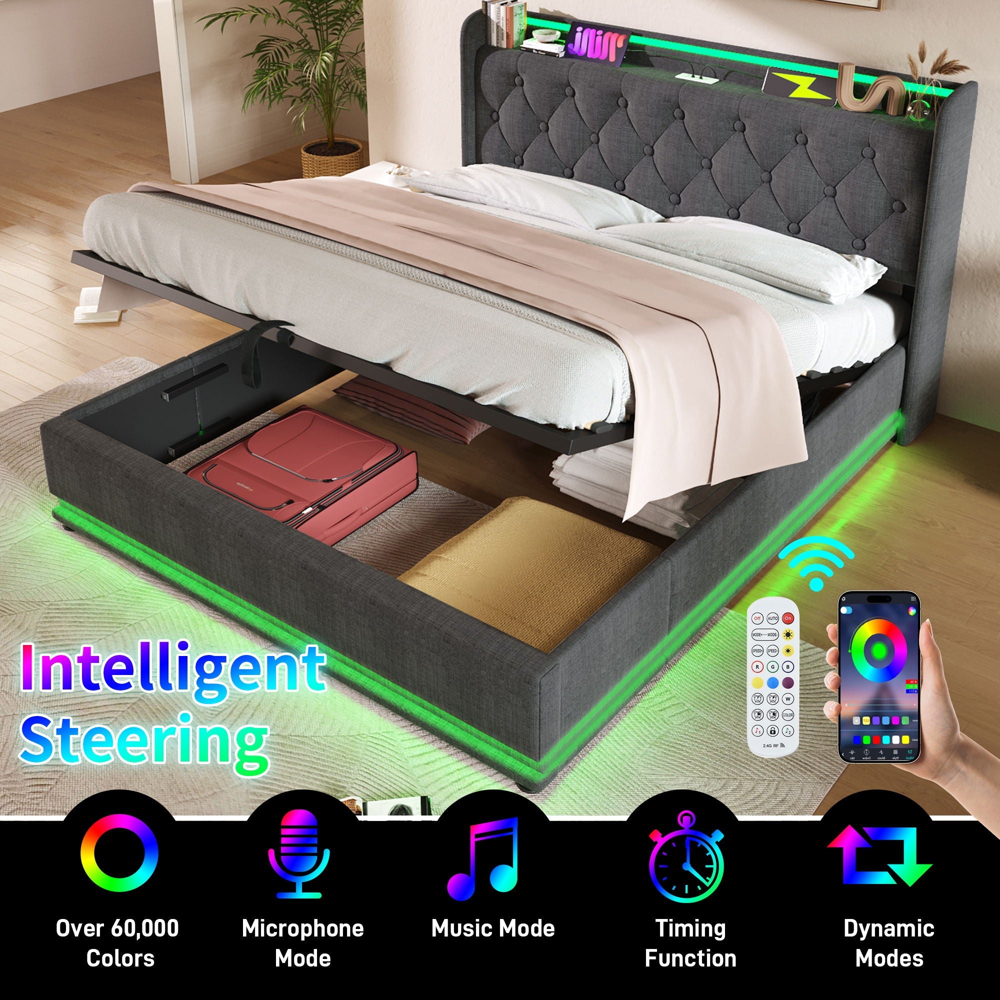 Upholstered Bed, 360 Surround LED Function, Remote Control, Hydraulic Storage Bed With USB, Type-C Charging (Without Mattress) by HouseOfZazla