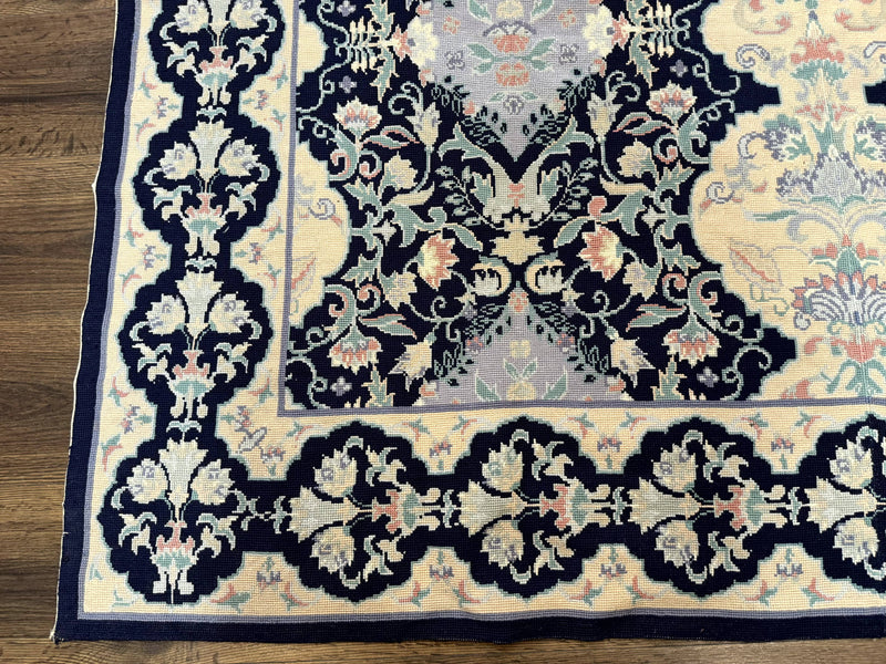 Needlepoint Rug 6x9, Ivory and Navy Blue by Jewel Rugs