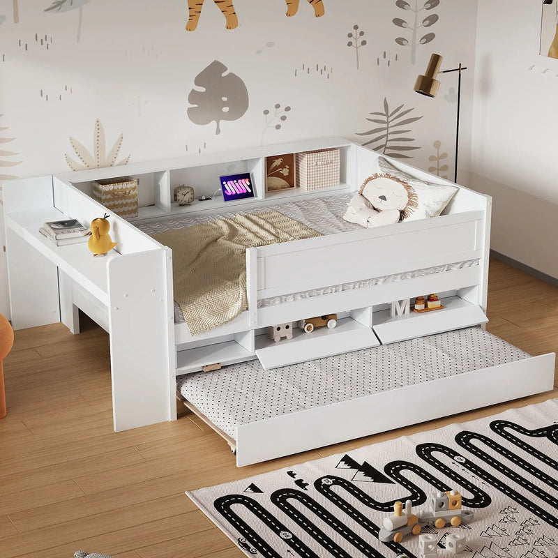 Twin Daybed With Drawers, Trundle, Headboard Storage, Study Desk, And USB Charging Station - White by Unique Piece Furniture