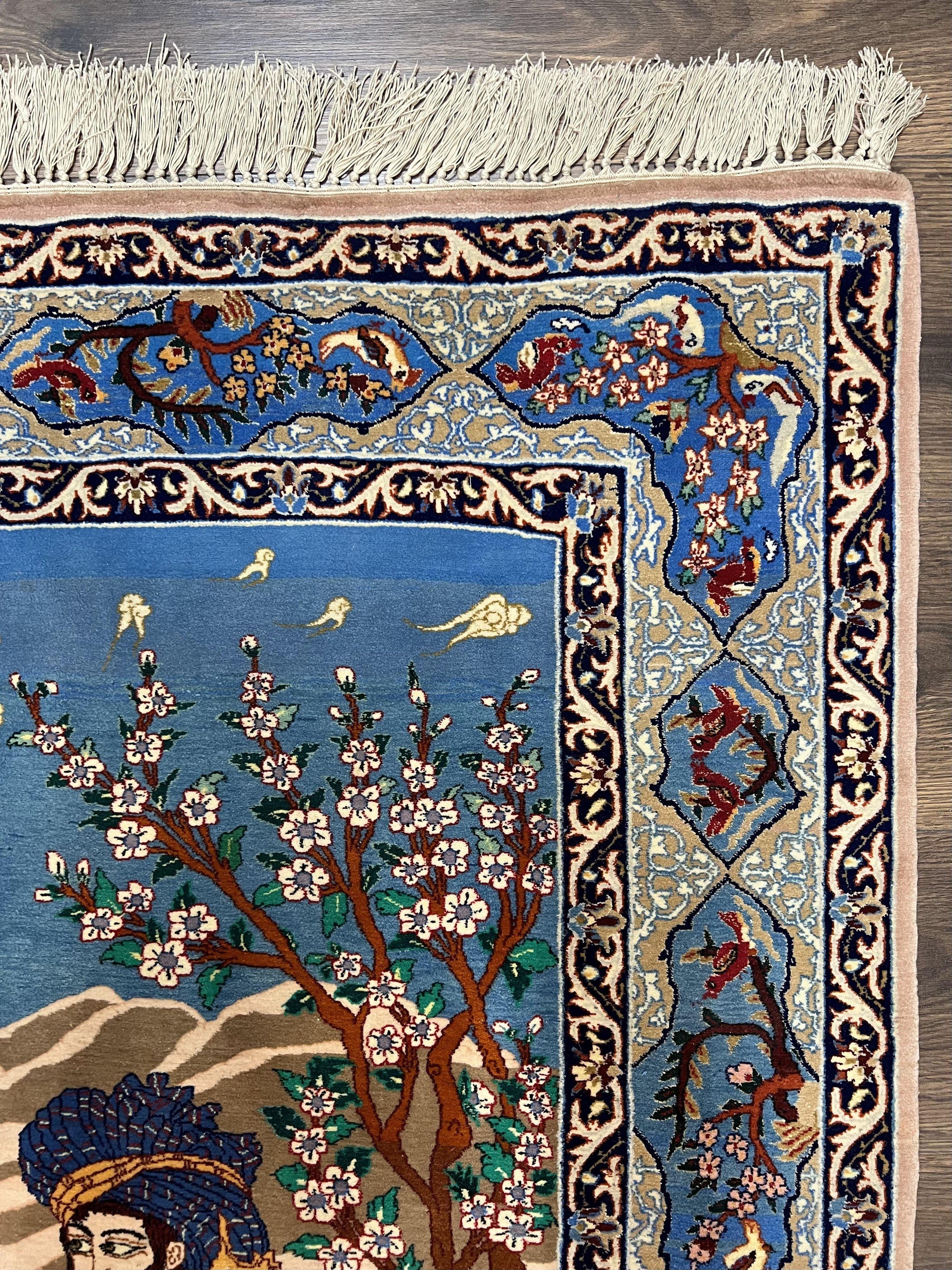 Fine Persian Isfahan Pictorial Rug 3.7 x 5, Kork Wool on Silk Foundation, Blue Persian Carpet, Hand Knotted, Humans Birds, High KPSI, Semi Antique by Jewel Rugs