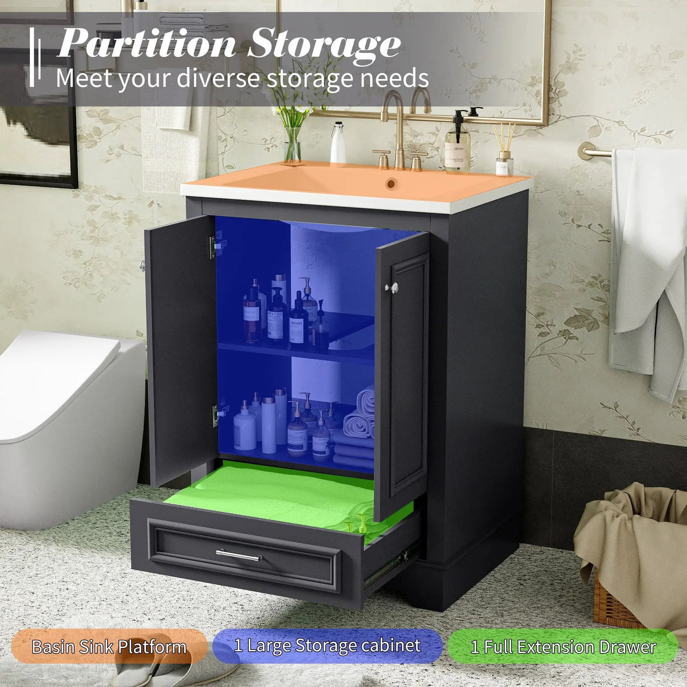 Bathroom Vanity With Ceramic Sink Combo, Modern Freestanding Storage Cabinet With Silver Handles by HouseOfZazla