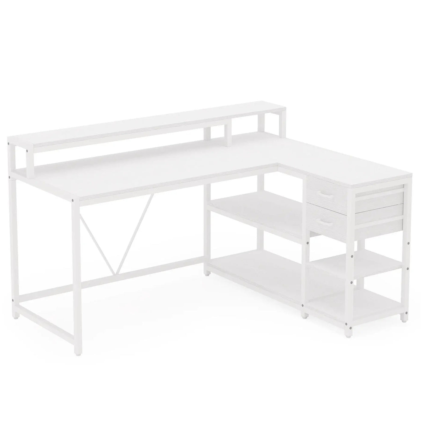 L-Shaped Home Office Desk With Monitor Riser, Drawers, And Storage Shelves by HouseOfZazla