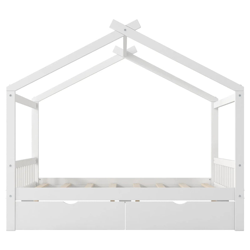 House Style Platform Bed With Headboard, Footboard, 2 Drawers, And Roof Design by Unique Piece Furniture