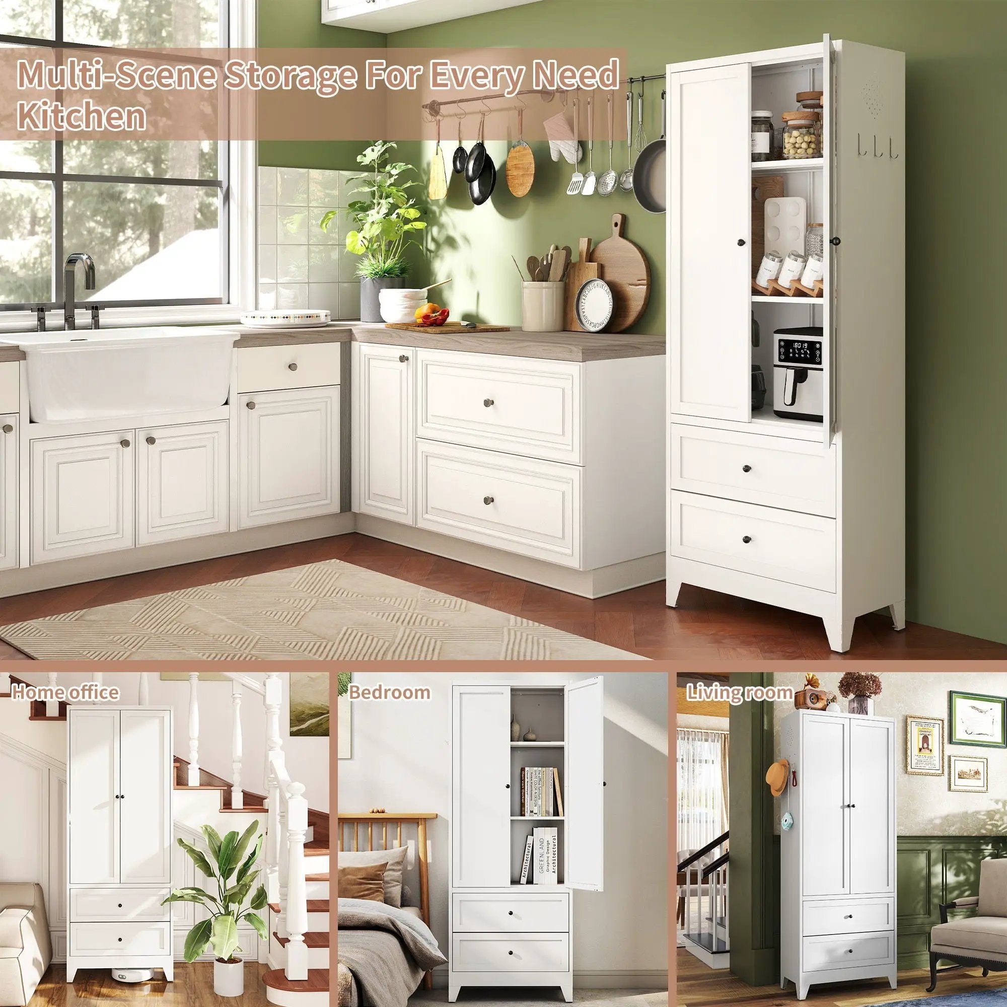Pantry Cabinet With 2 Drawers, Freestanding Kitchen Storage Cabinet With Adjustable Shelves, Heavy-Duty Organizer For Spices, Dishware, Small Appliances - White by HouseOfZazla