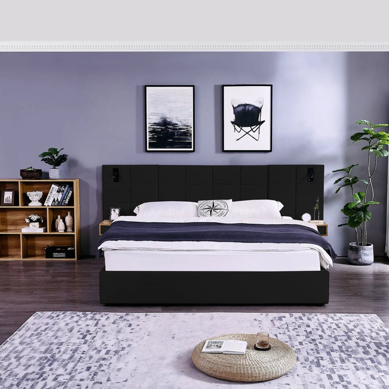 Upholstered Hydraulic Platform Bed With Storage Shelves, Reading Lamps, USB Port by HouseOfZazla