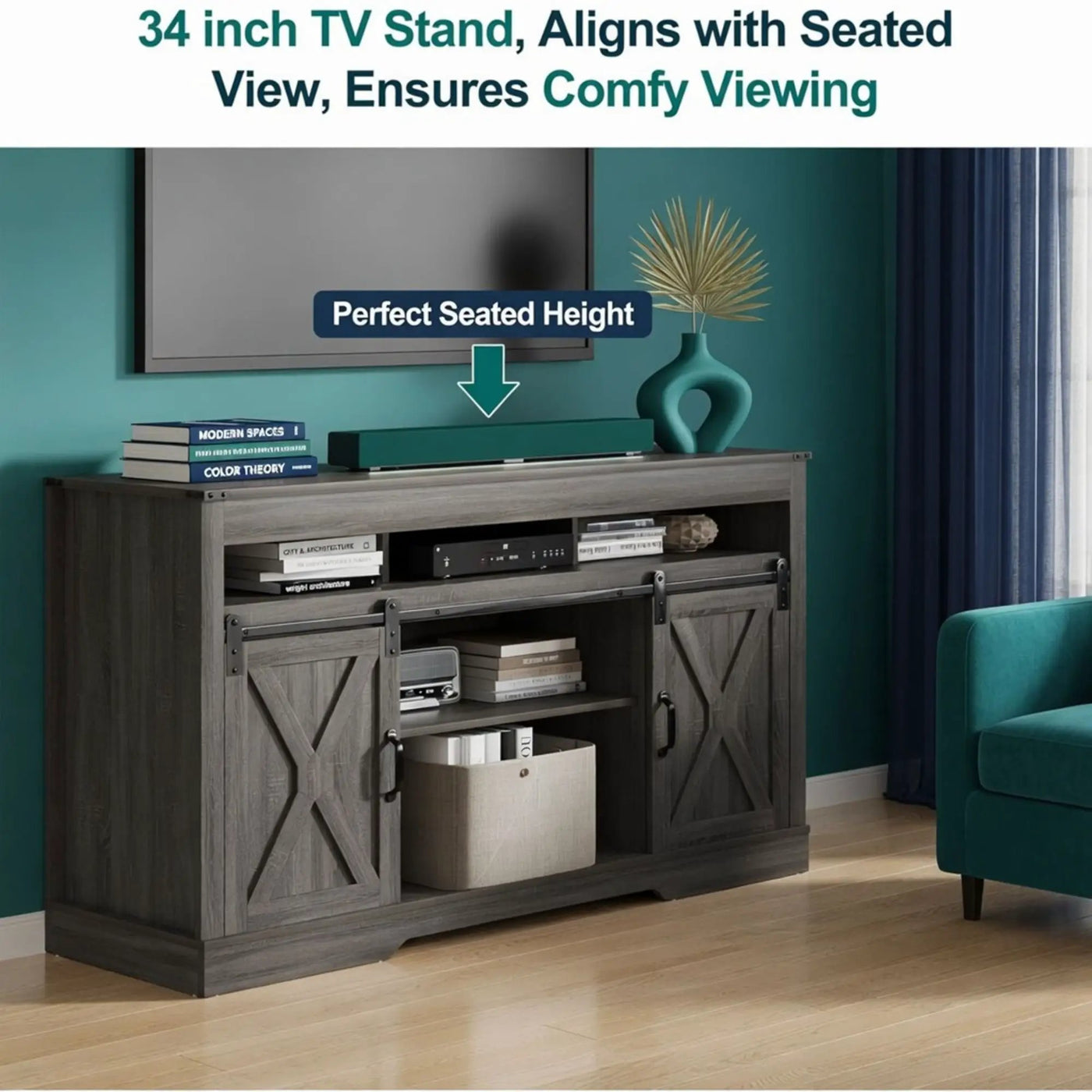 Farmhouse TV Stand With Sliding Barn Doors & Adjustable Storage by HouseOfZazla