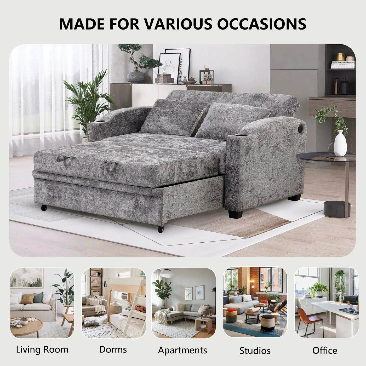 Pull Out Loveseat Sofa With Adjsutable Backrest, 2 Pillows, Cup Holders, USB Ports For Living Room by Unique Piece Furniture