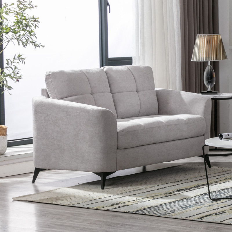 Woven Fabric Loveseat with Tufted Cushions and Metal Legs - Gray