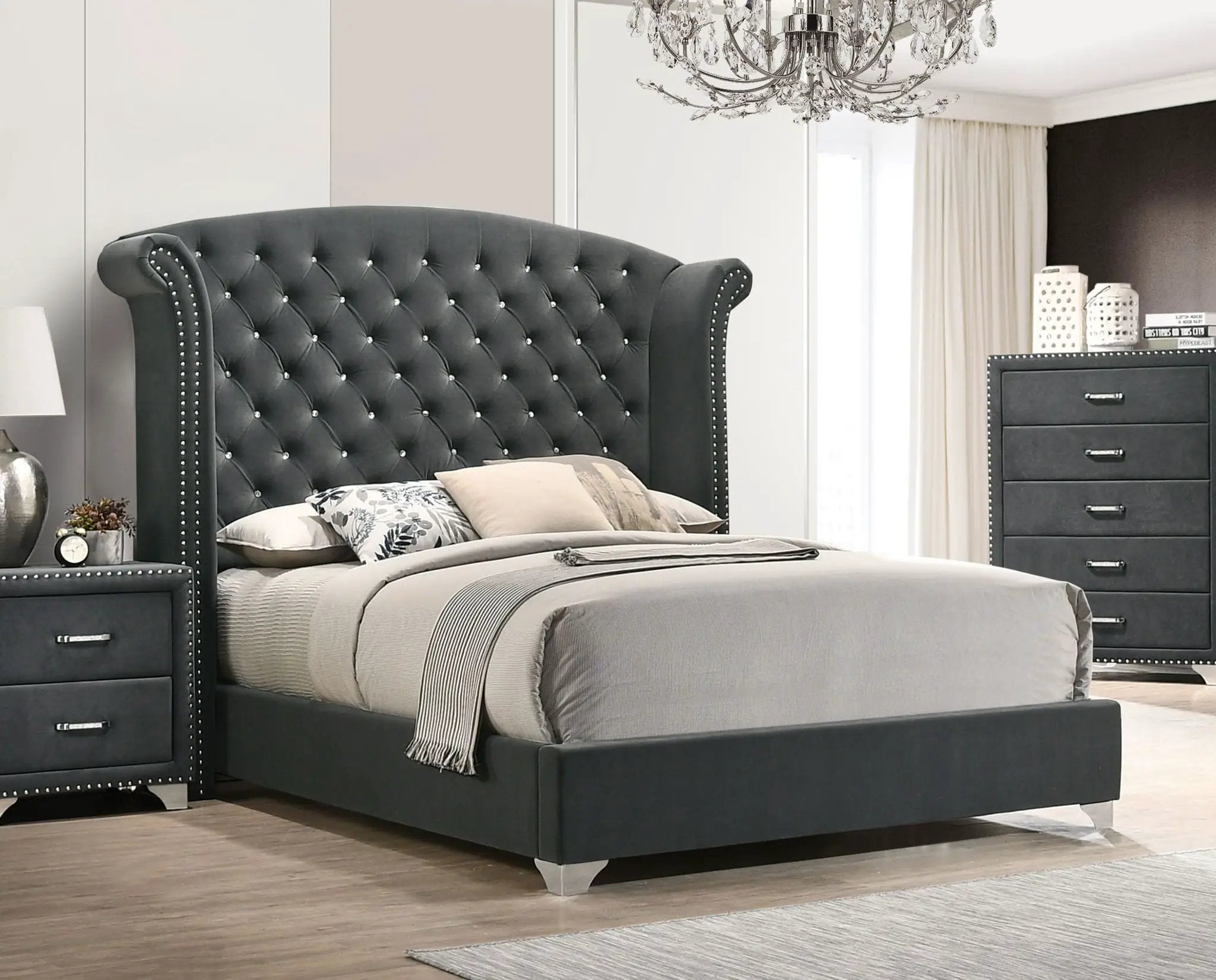 Melody Upholstered Eastern King Wingback Bed Grey by Unique Piece Furniture