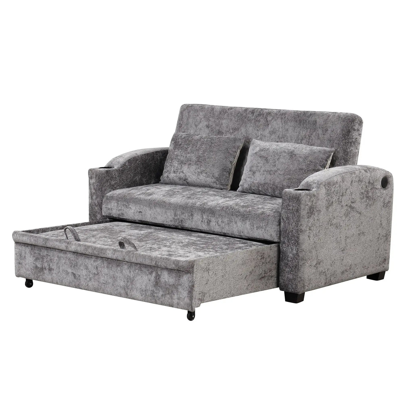Pull Out Loveseat Sofa With Adjsutable Backrest, 2 Pillows, Cup Holders, USB Ports For Living Room by HouseOfZazla