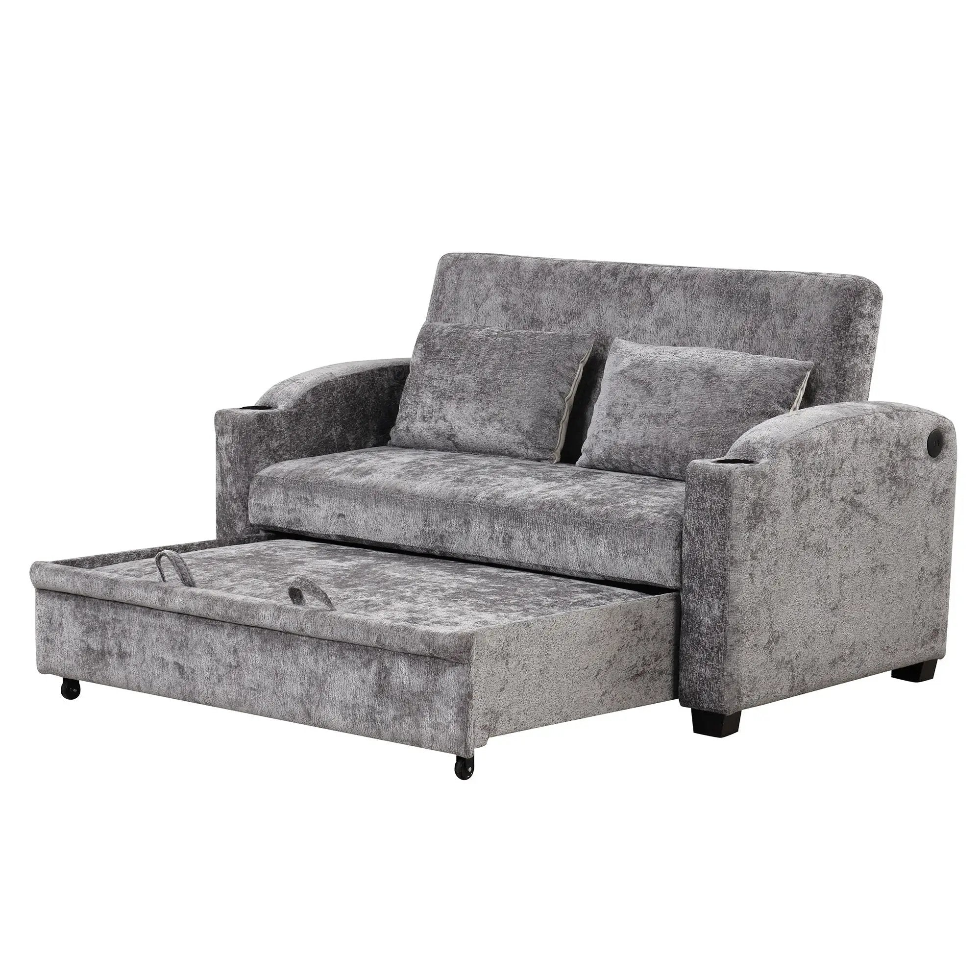Pull Out Loveseat Sofa With Adjsutable Backrest, 2 Pillows, Cup Holders, USB Ports For Living Room by HouseOfZazla