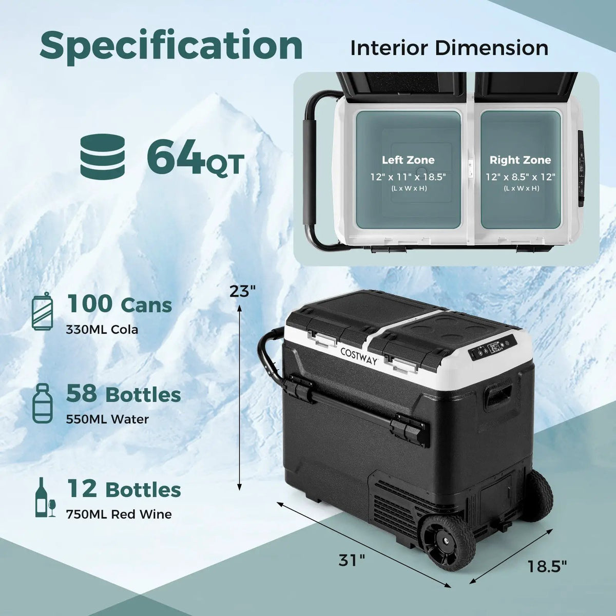 64QT Portable Compressor Fridge Freezer for Vehicles Camping Travel Truck RV Boat by DirectDeals