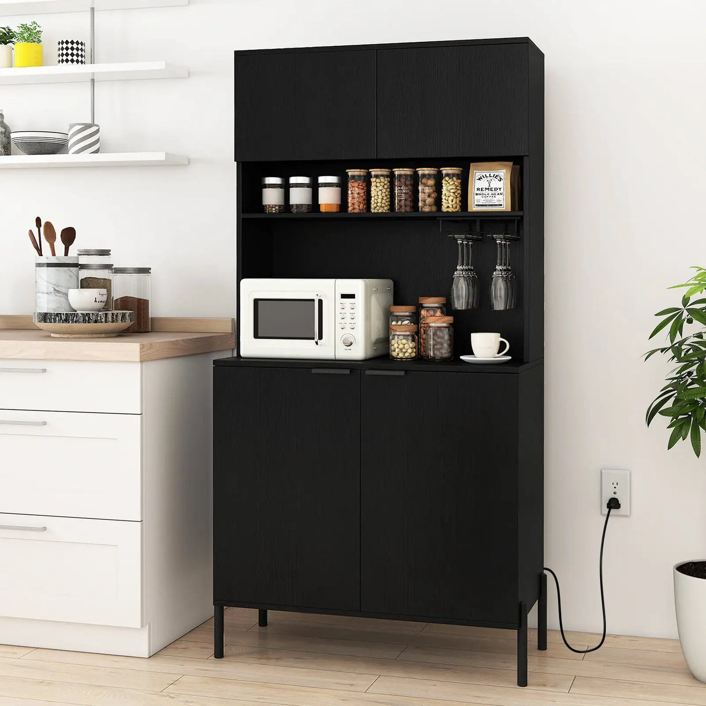 64.5 Inches Tall Kitchen Pantry Cabinet with Charging Station and Wine Glass Rack by DirectDeals