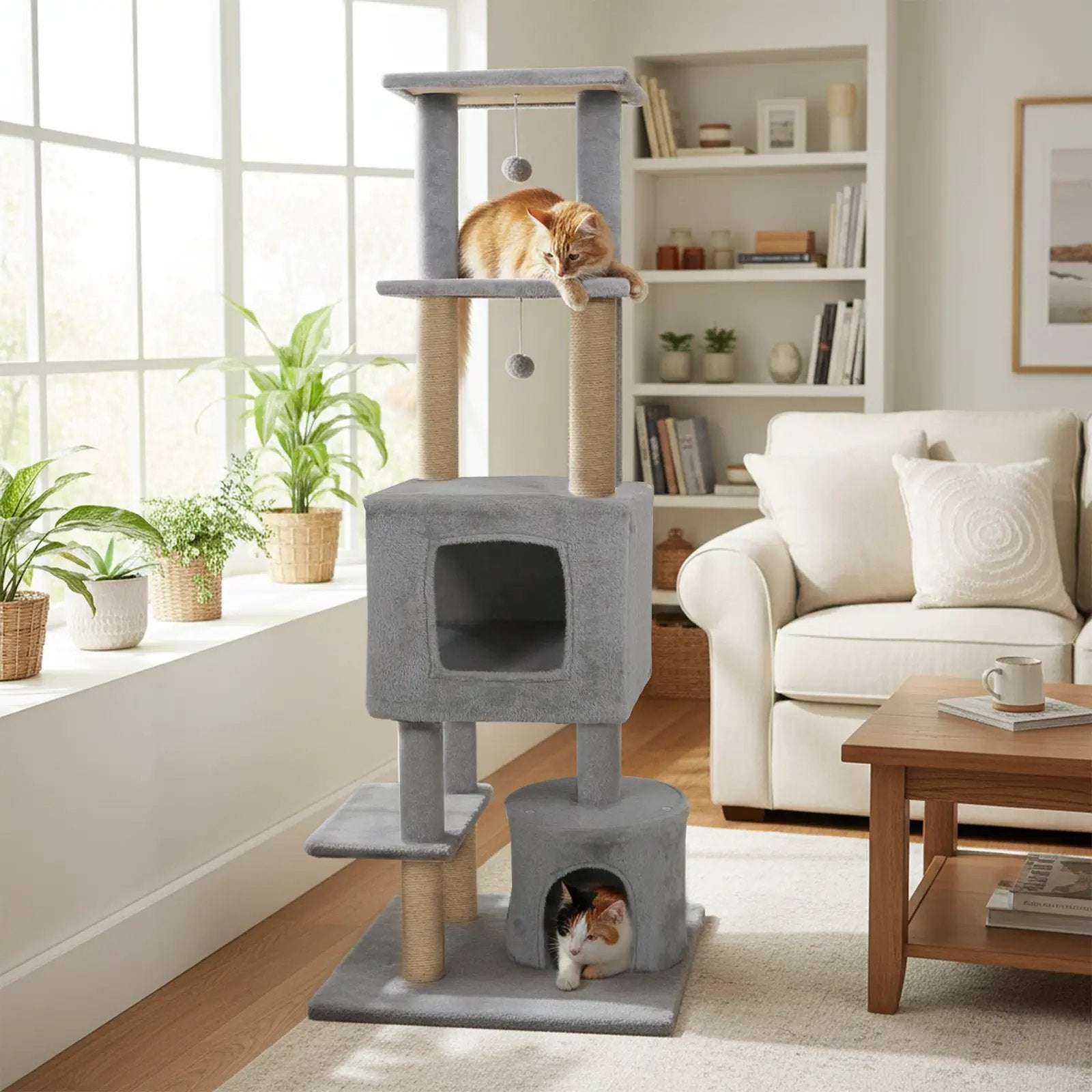 64 Inch Tall Cat Tree with 2 Large Condos and Jute Scratching Posts for Indoor Adult Cats by DirectDeals