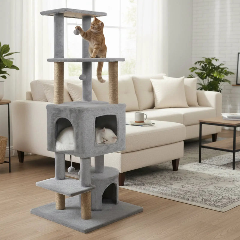 64 Inch Tall Cat Tree with 2 Large Condos and Jute Scratching Posts for Indoor Adult Cats by DirectDeals