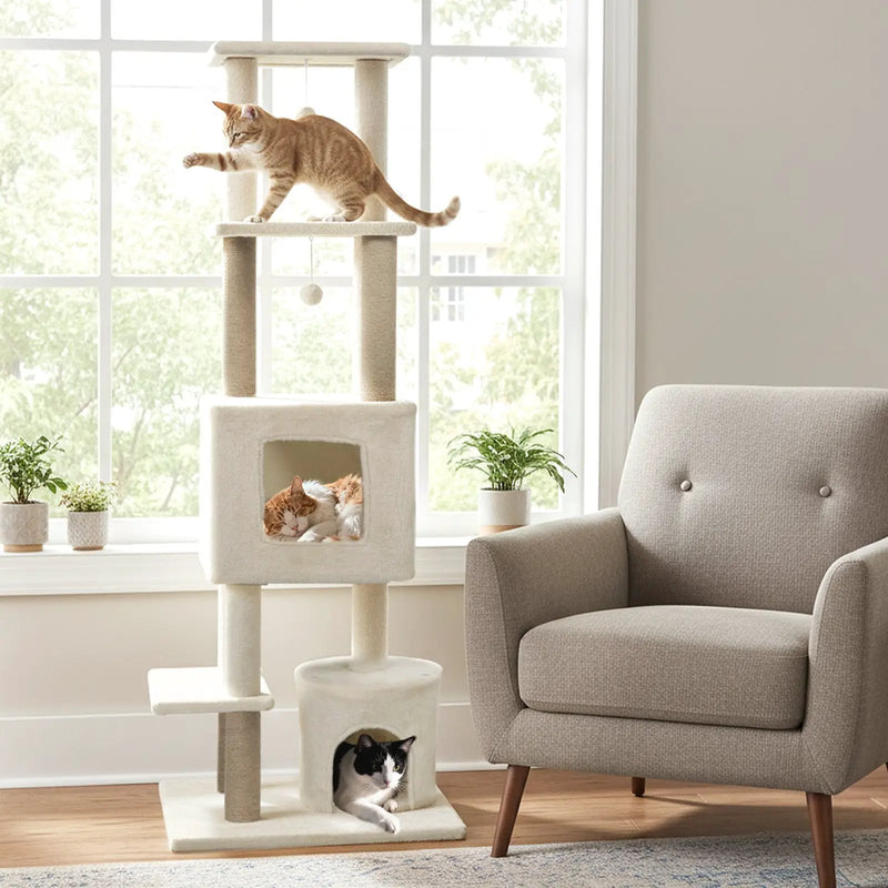 64 Inch Tall Cat Tree with 2 Large Condos and Jute Scratching Posts for Indoor Adult Cats by DirectDeals