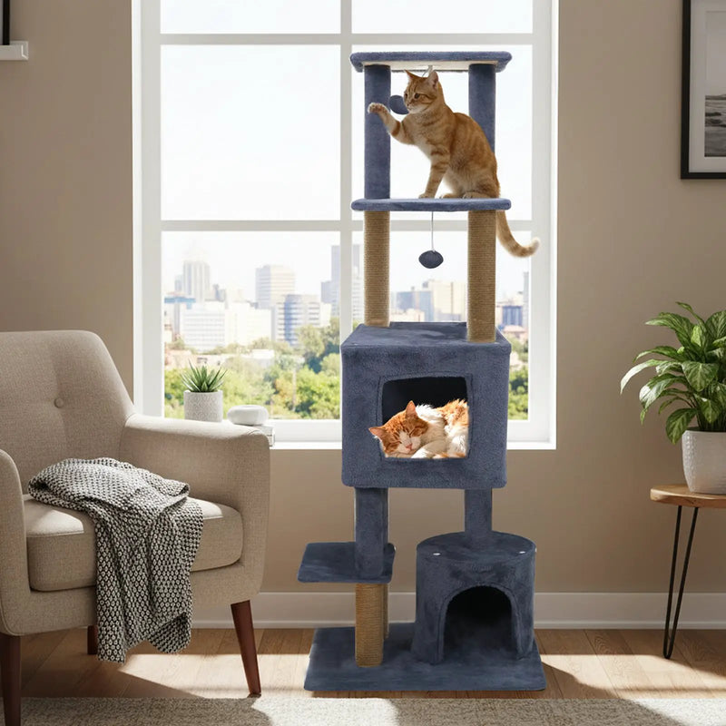 64 Inch Tall Cat Tree with 2 Large Condos and Jute Scratching Posts for Indoor Adult Cats by DirectDeals