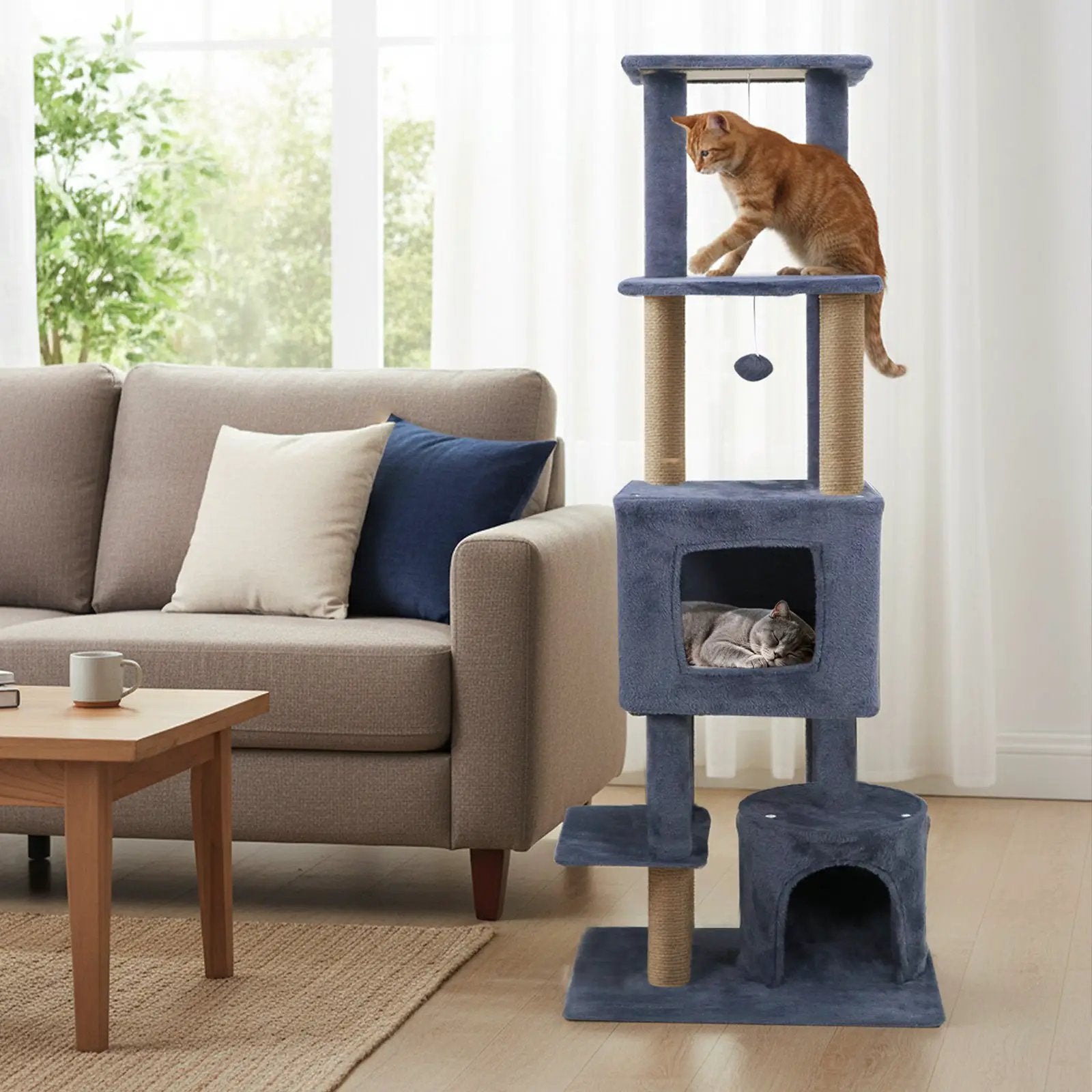 64 Inch Tall Cat Tree with 2 Large Condos and Jute Scratching Posts for Indoor Adult Cats by DirectDeals