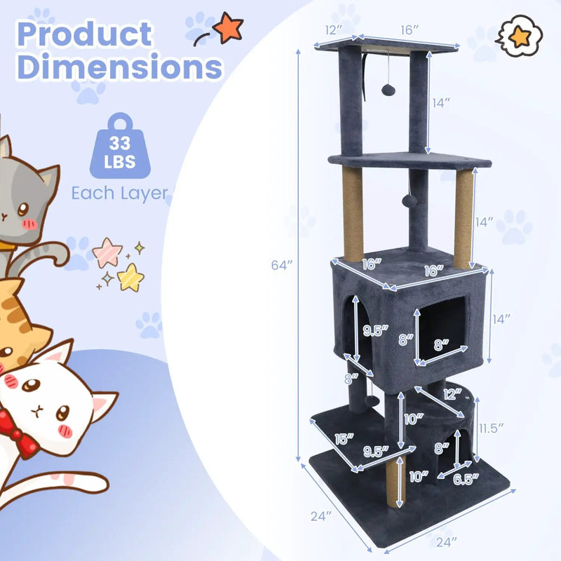 64 Inch Tall Cat Tree with 2 Large Condos and Jute Scratching Posts for Indoor Adult Cats by DirectDeals