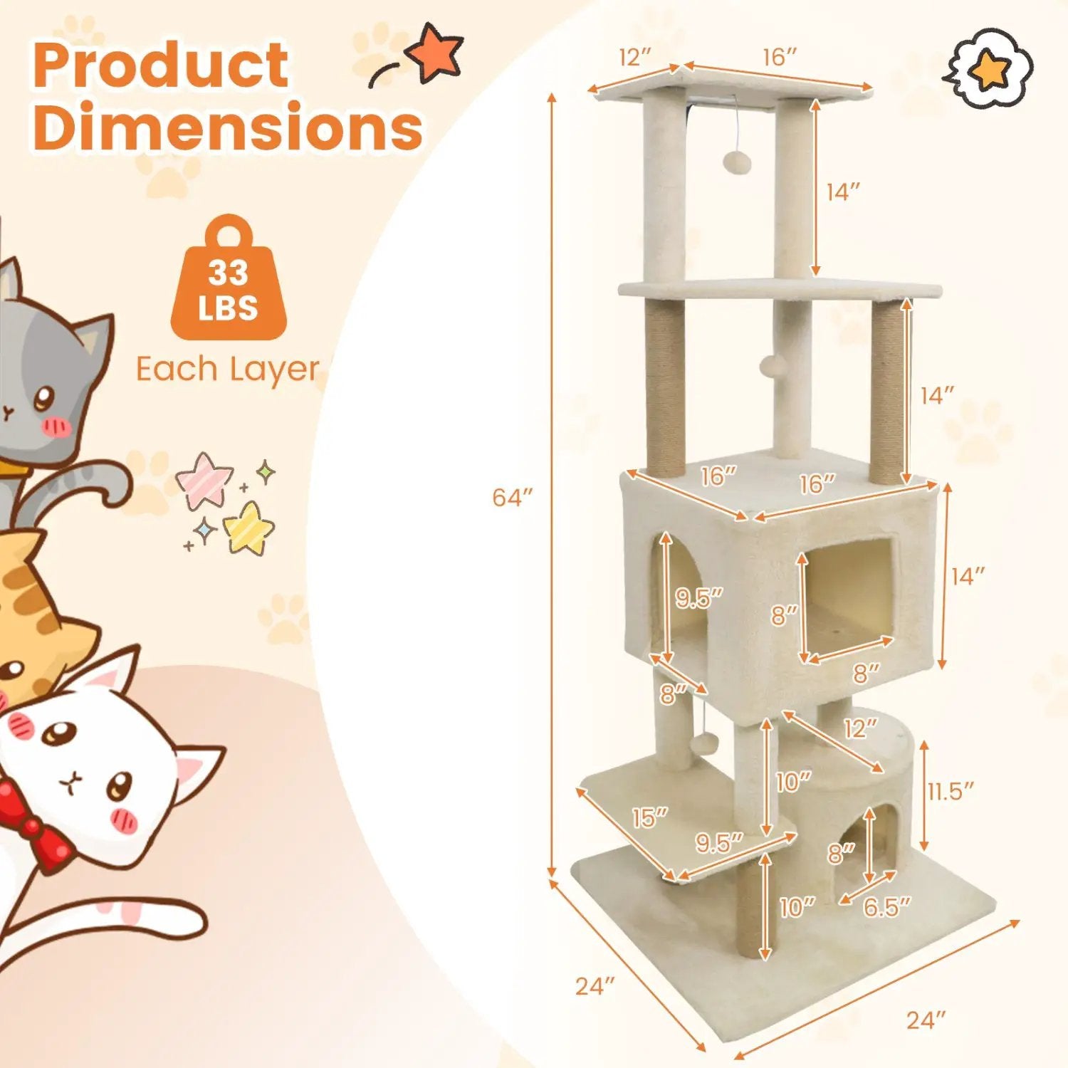 64 Inch Tall Cat Tree with 2 Large Condos and Jute Scratching Posts for Indoor Adult Cats by DirectDeals