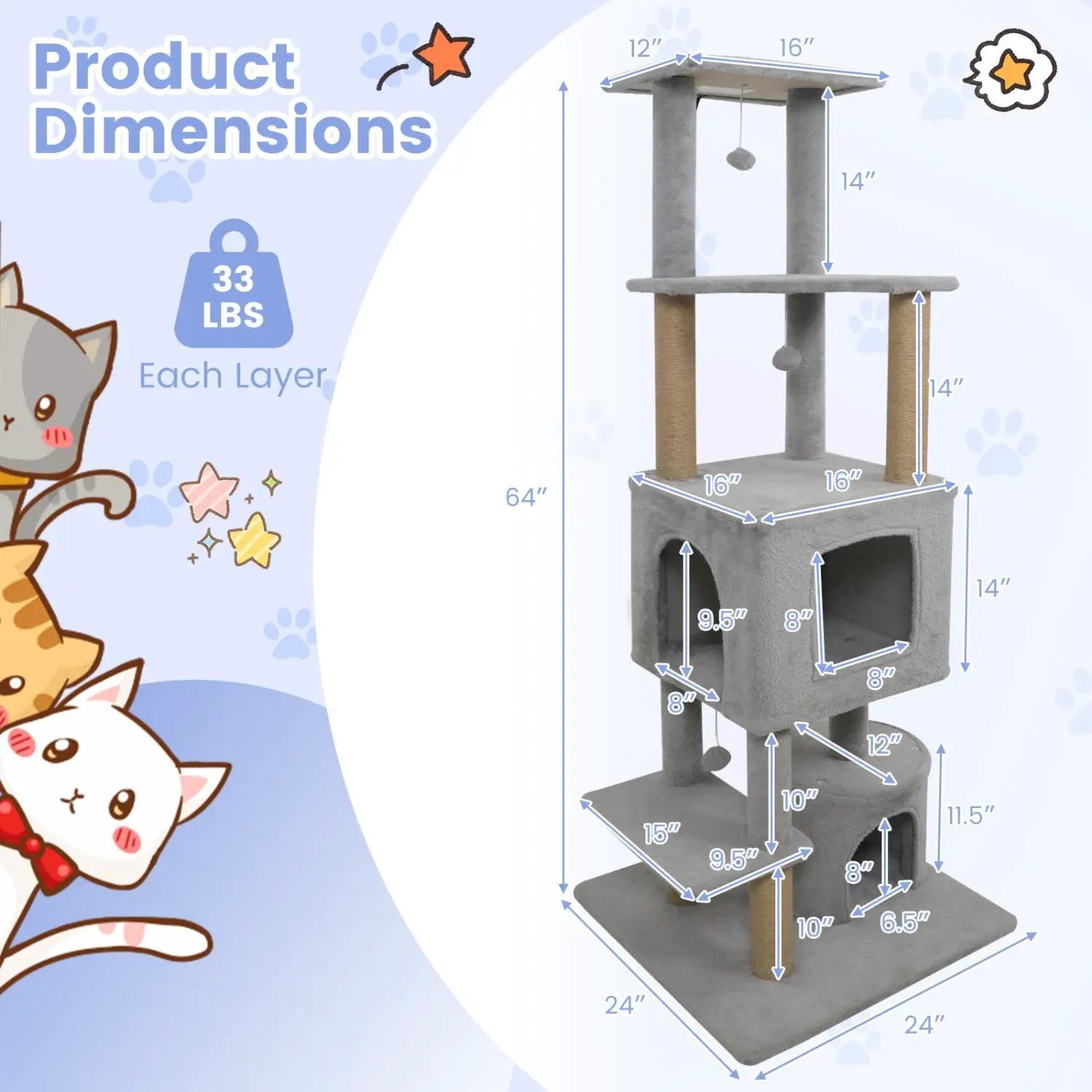 64 Inch Tall Cat Tree with 2 Large Condos and Jute Scratching Posts for Indoor Adult Cats by DirectDeals