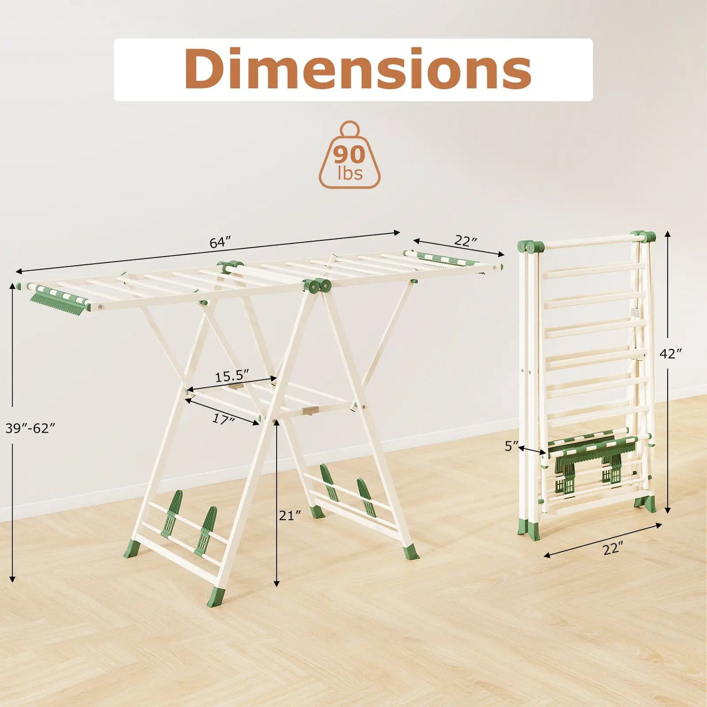 64 Inches Clothes Drying Rack with Height Adjustable Wings by DirectDeals