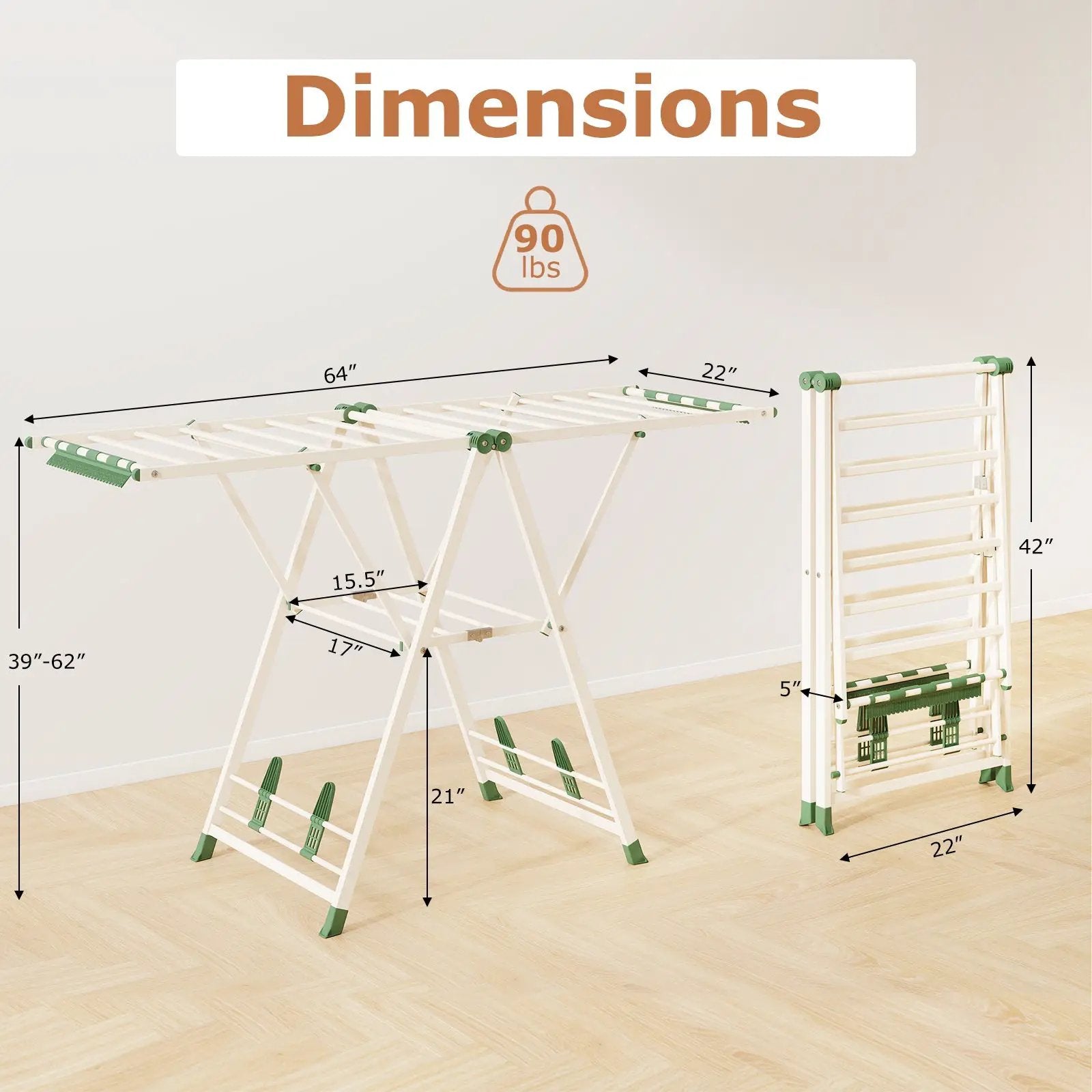 64 Inches Clothes Drying Rack with Height Adjustable Wings by DirectDeals