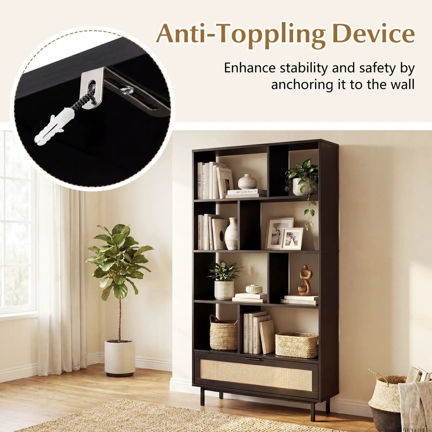 64-Inch Tall Wooden Bookcase with 8 Cubes and Drawer by DirectDeals