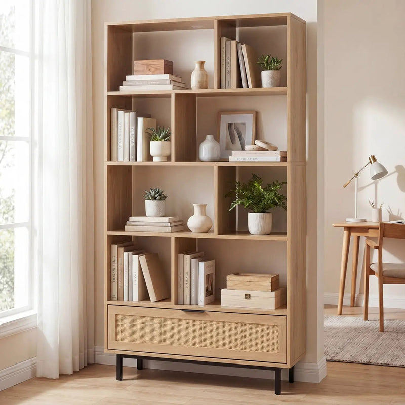 64-Inch Tall Wooden Bookcase with 8 Cubes and Drawer by DirectDeals