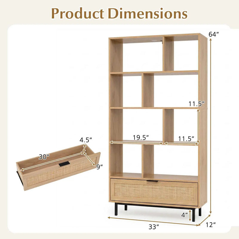 64-Inch Tall Wooden Bookcase with 8 Cubes and Drawer by DirectDeals