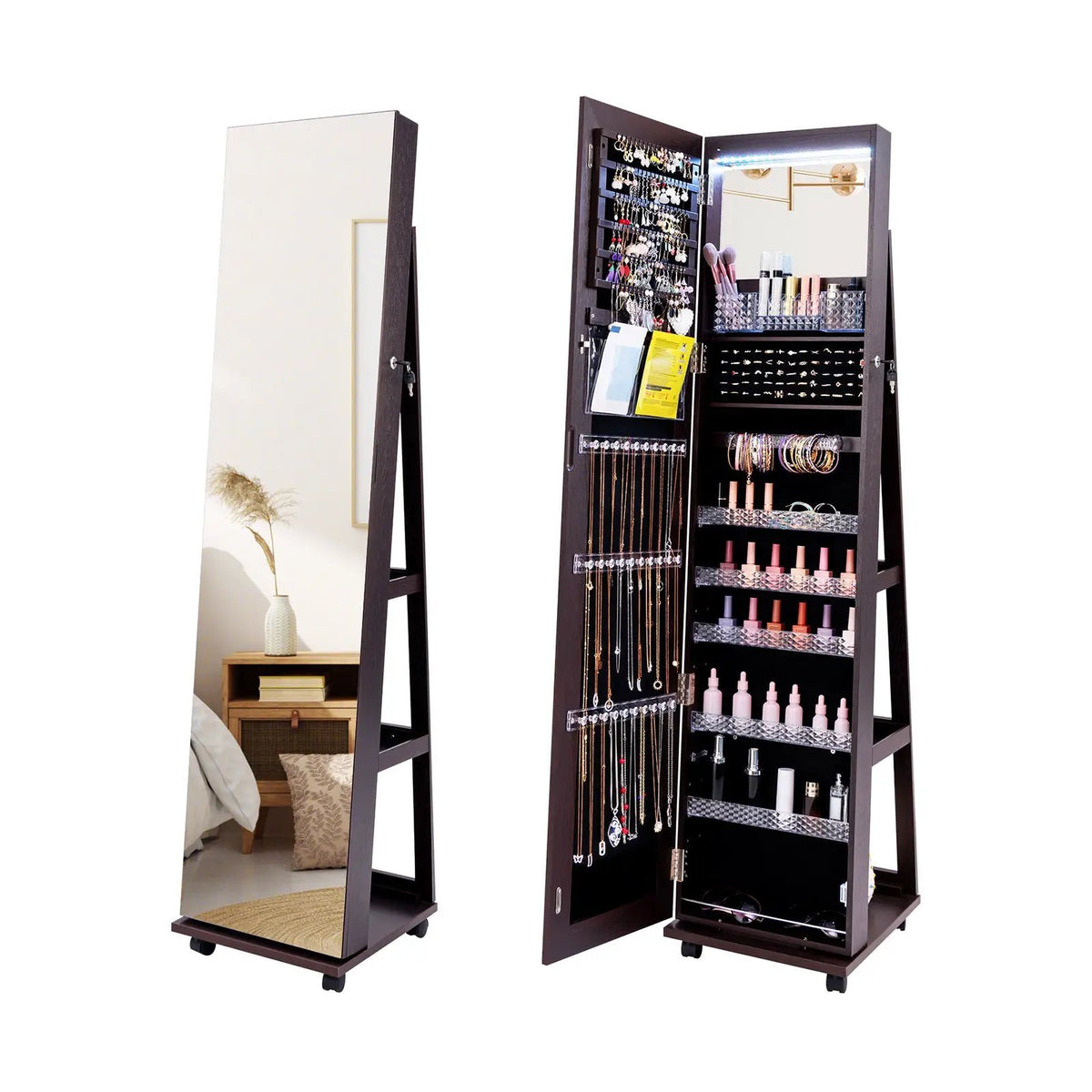 64 Inches Lockable Jewelry Cabinet Armoire with Built-in Makeup Mirror by DirectDeals