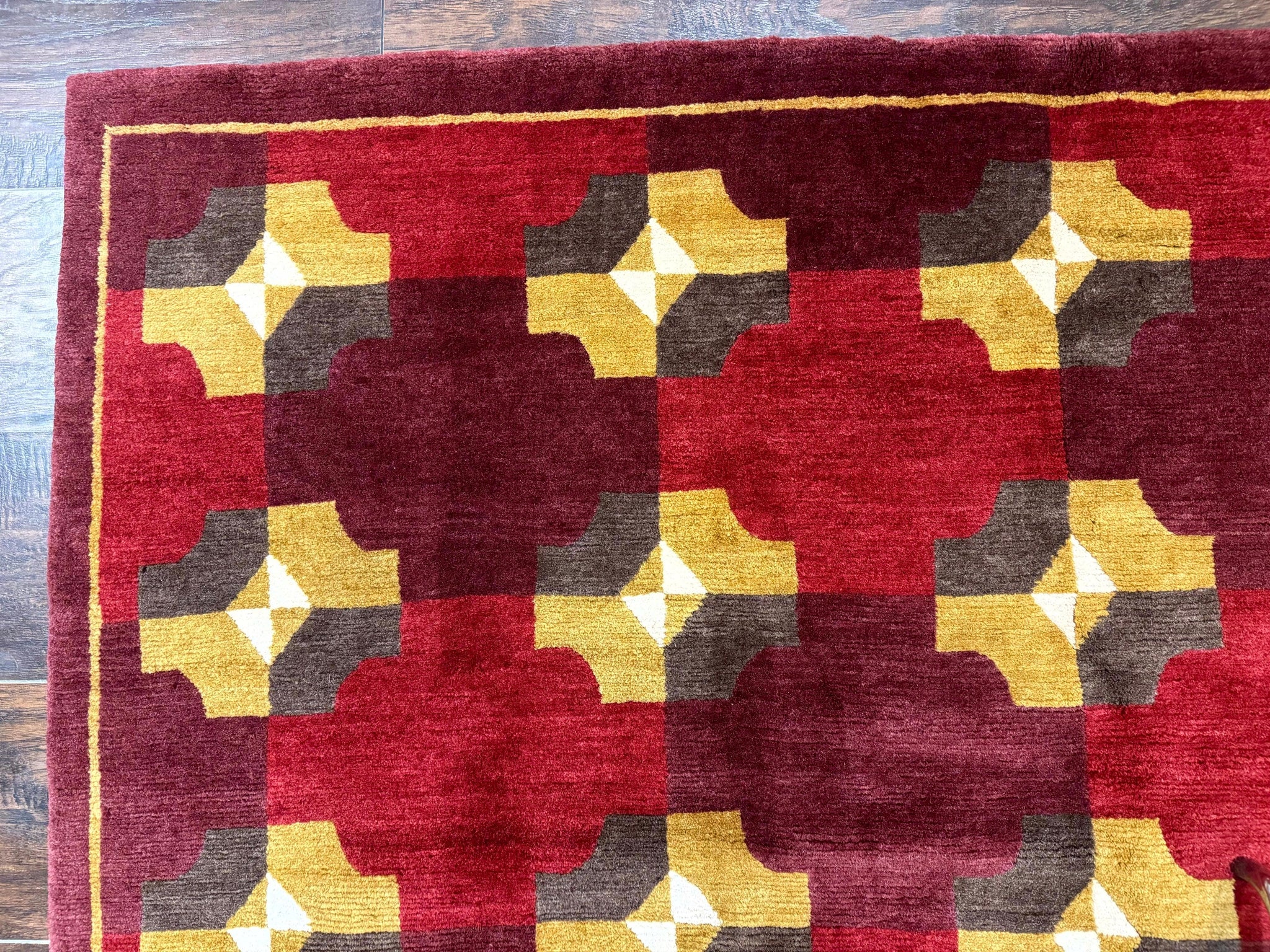 Modern Tibetan Rug 5 x 6.8, Wool, Red, Allover Pattern, Nepali Rug, Abstract Rug, Handmade Area Rug by Jewel Rugs
