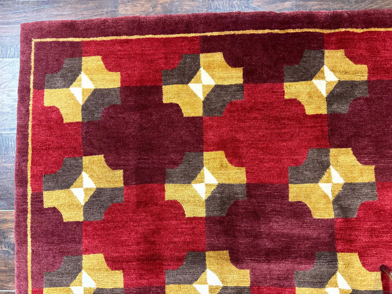 Modern Tibetan Rug 5 x 6.8, Wool, Red, Allover Pattern, Nepali Rug, Abstract Rug, Handmade Area Rug by Jewel Rugs
