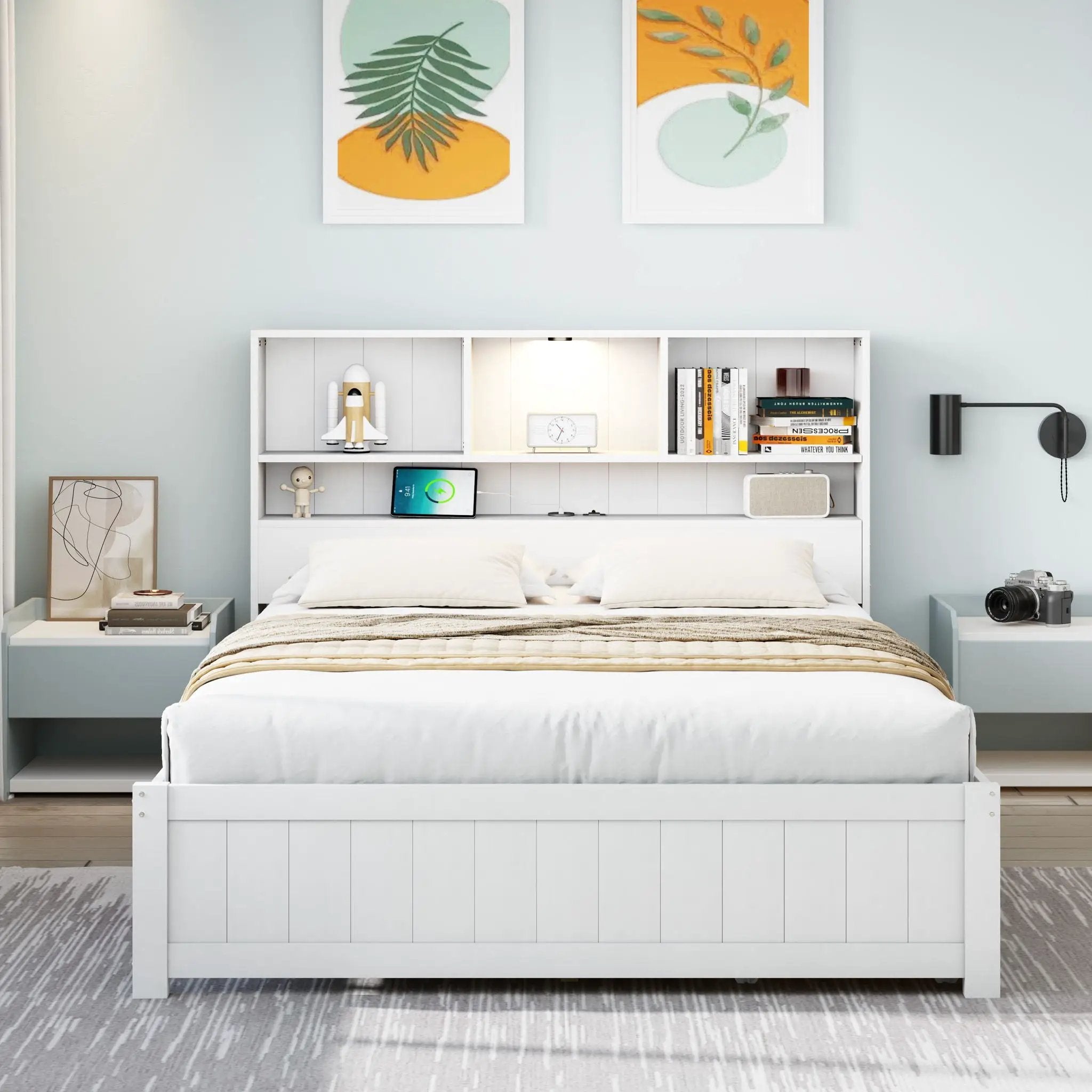 Platform Bed With Bookcase Headboard, Built-In Downlight, Charging Station, And 2 Side Drawers by Unique Piece Furniture