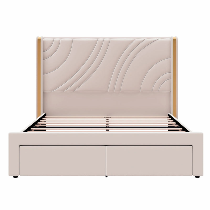Modern Upholstered LED Bed Frame With Storage Drawers, Wingback Headboard, RGB Light